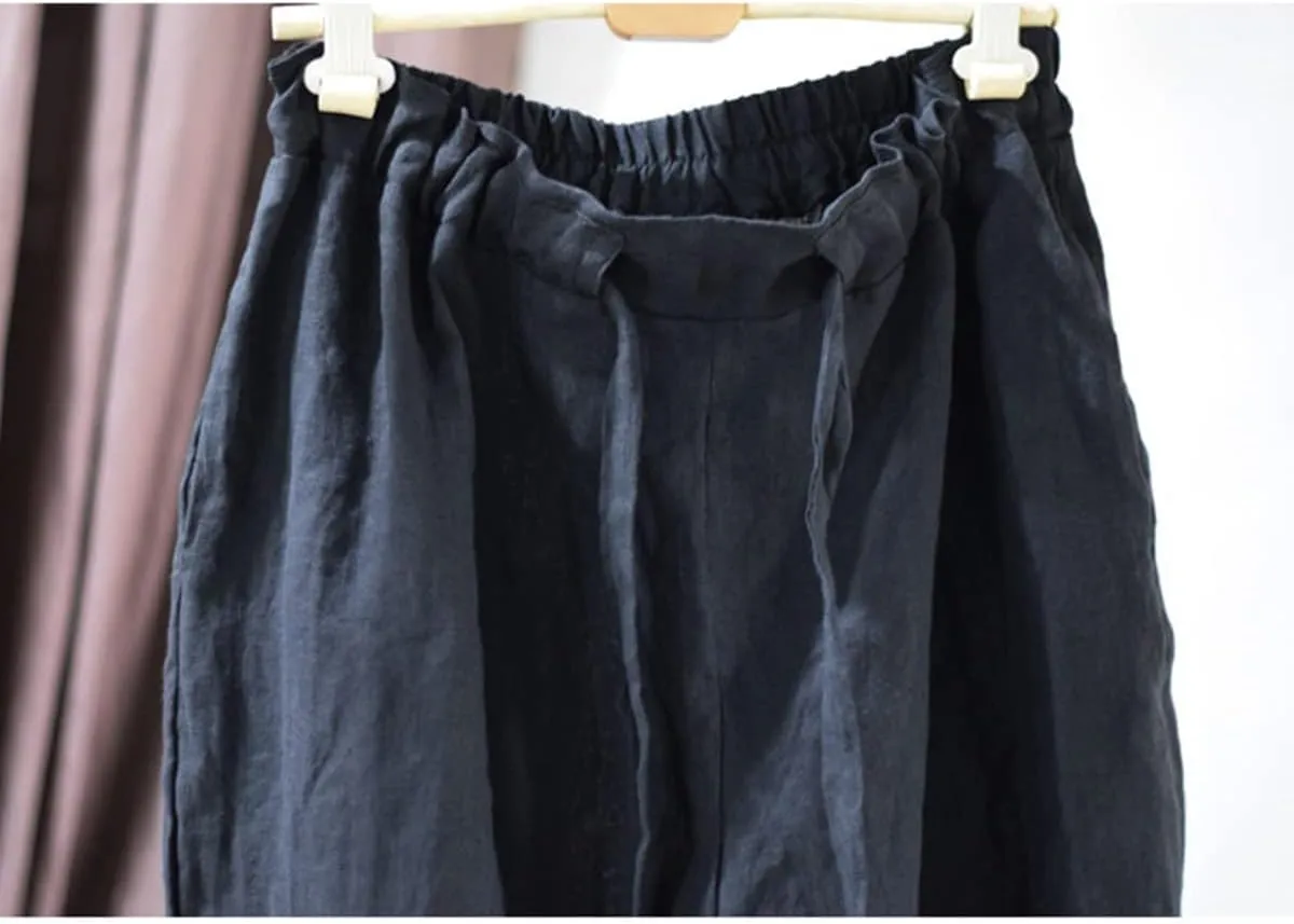 NFYM Casual Wide Pants for Women Linen Elastic High Waist Drawstring Belt Comfy Trousers with Pockets