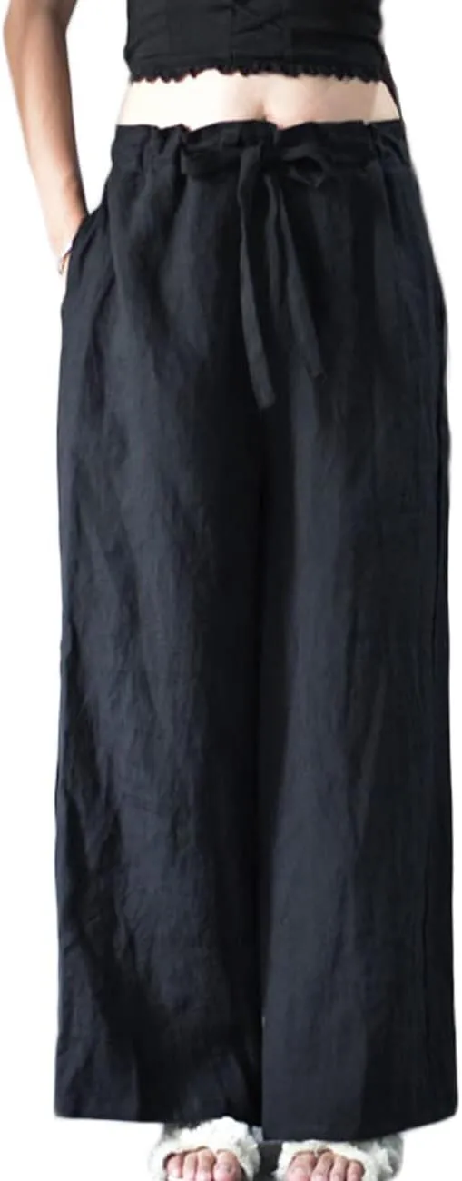 NFYM Casual Wide Pants for Women Linen Elastic High Waist Drawstring Belt Comfy Trousers with Pockets