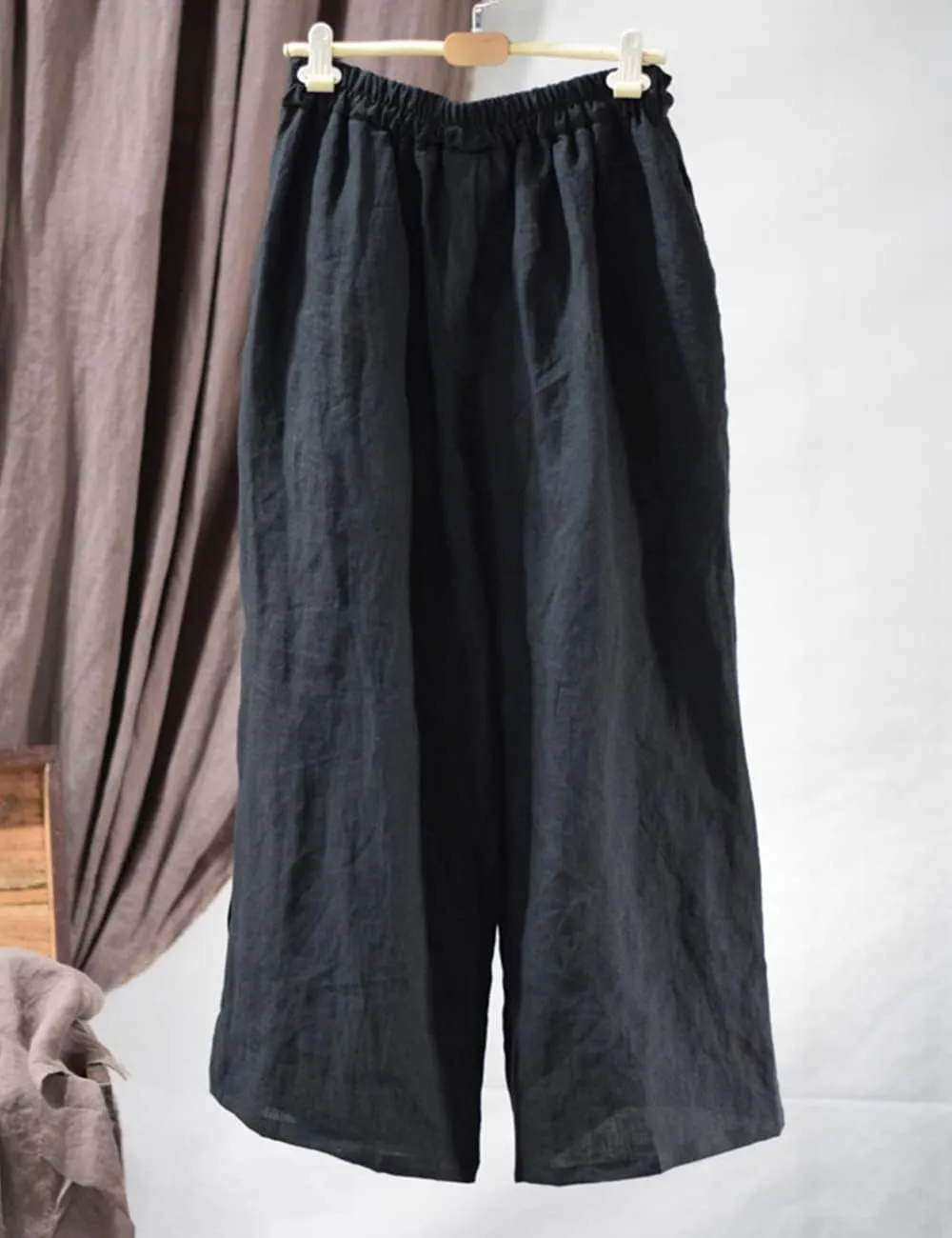 NFYM Casual Wide Pants for Women Linen Elastic High Waist Drawstring Belt Comfy Trousers with Pockets