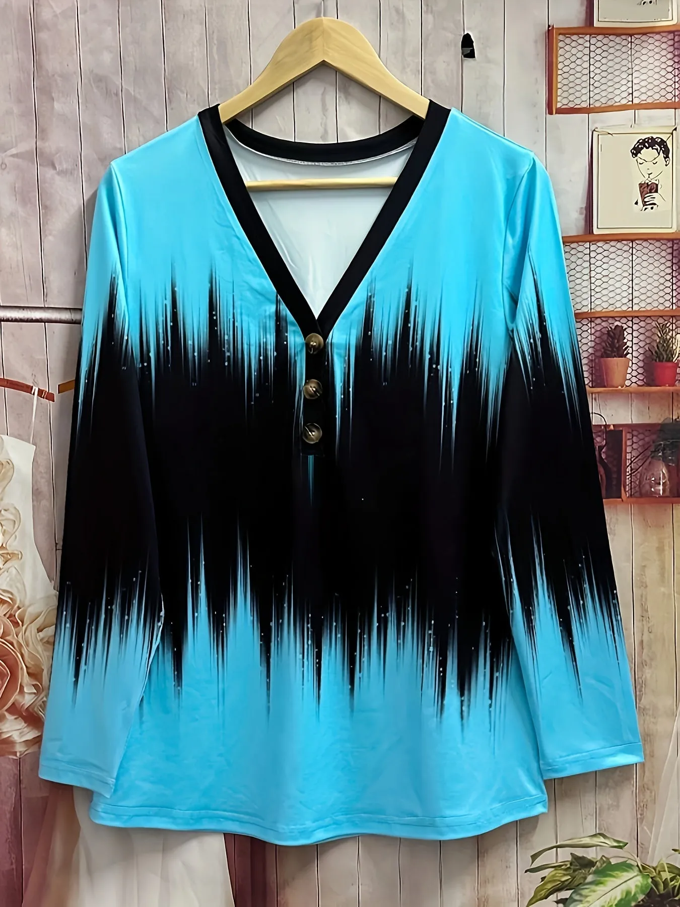Ombre Stripe Print Plus Size Long Sleeve V Neck Tshirt