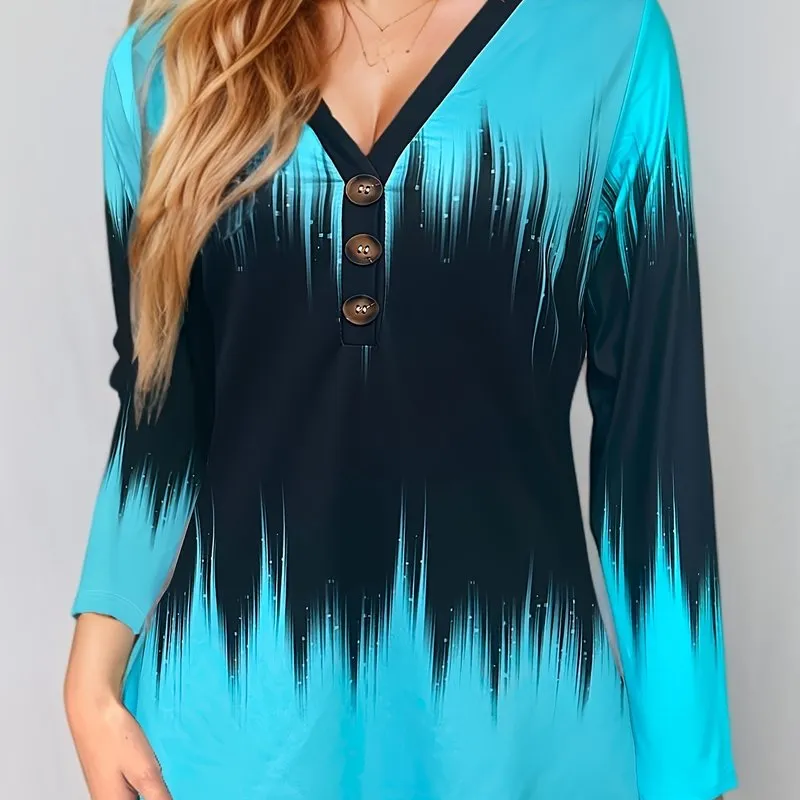 Ombre Stripe Print Plus Size Long Sleeve V Neck Tshirt