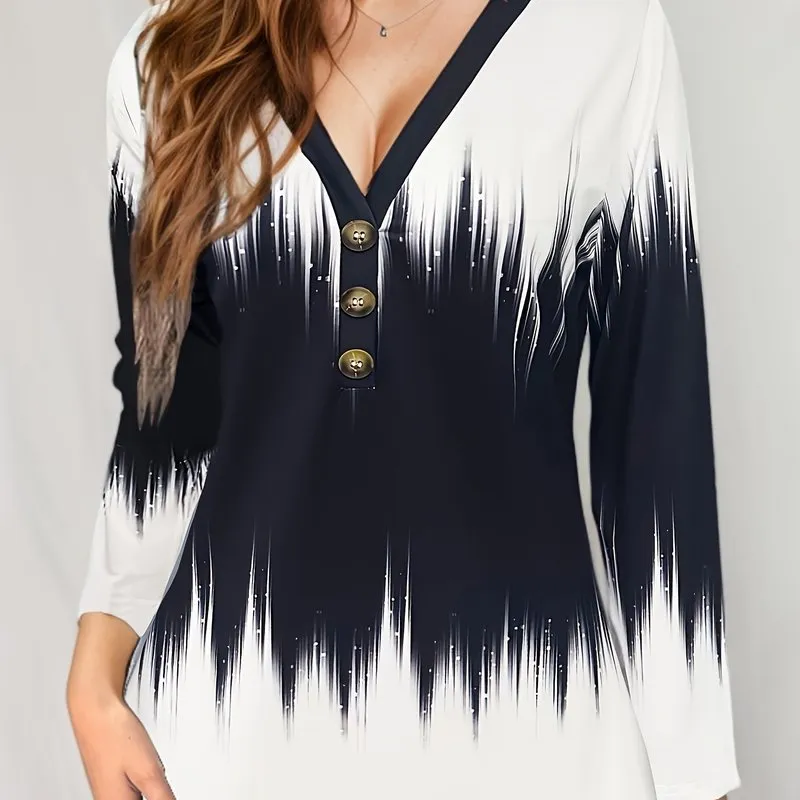 Ombre Stripe Print Plus Size Long Sleeve V Neck Tshirt