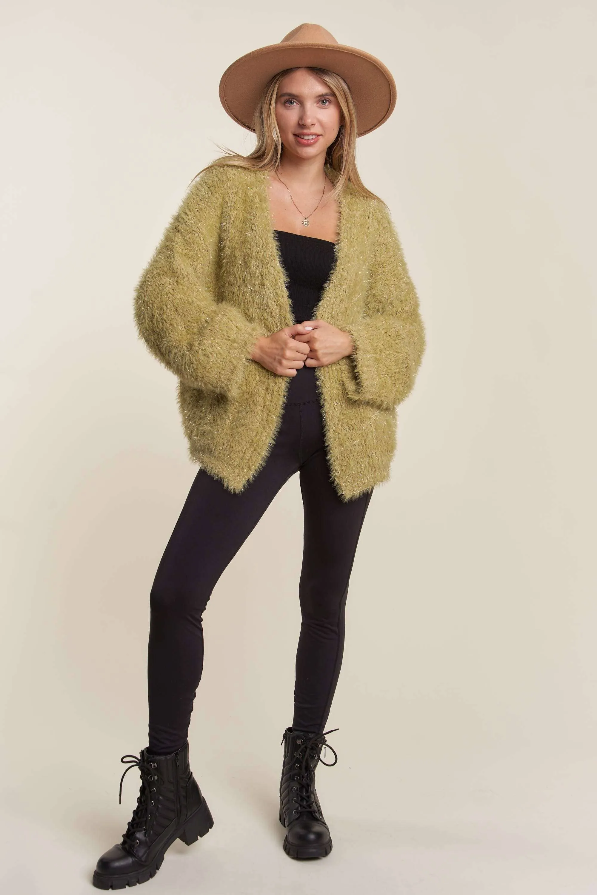 OPEN FRONT FUZZY SWEATER CARDIGAN