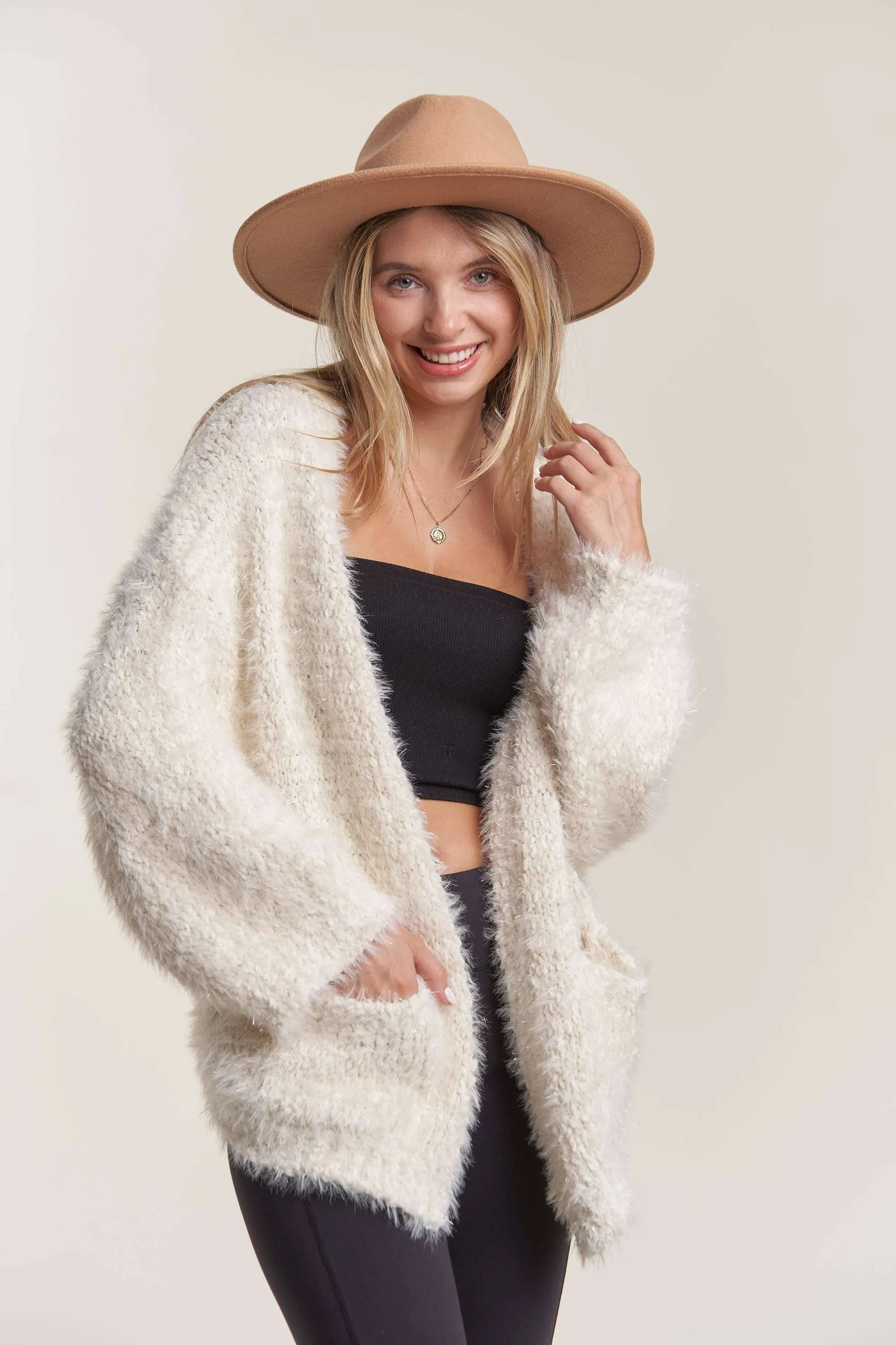 OPEN FRONT FUZZY SWEATER CARDIGAN