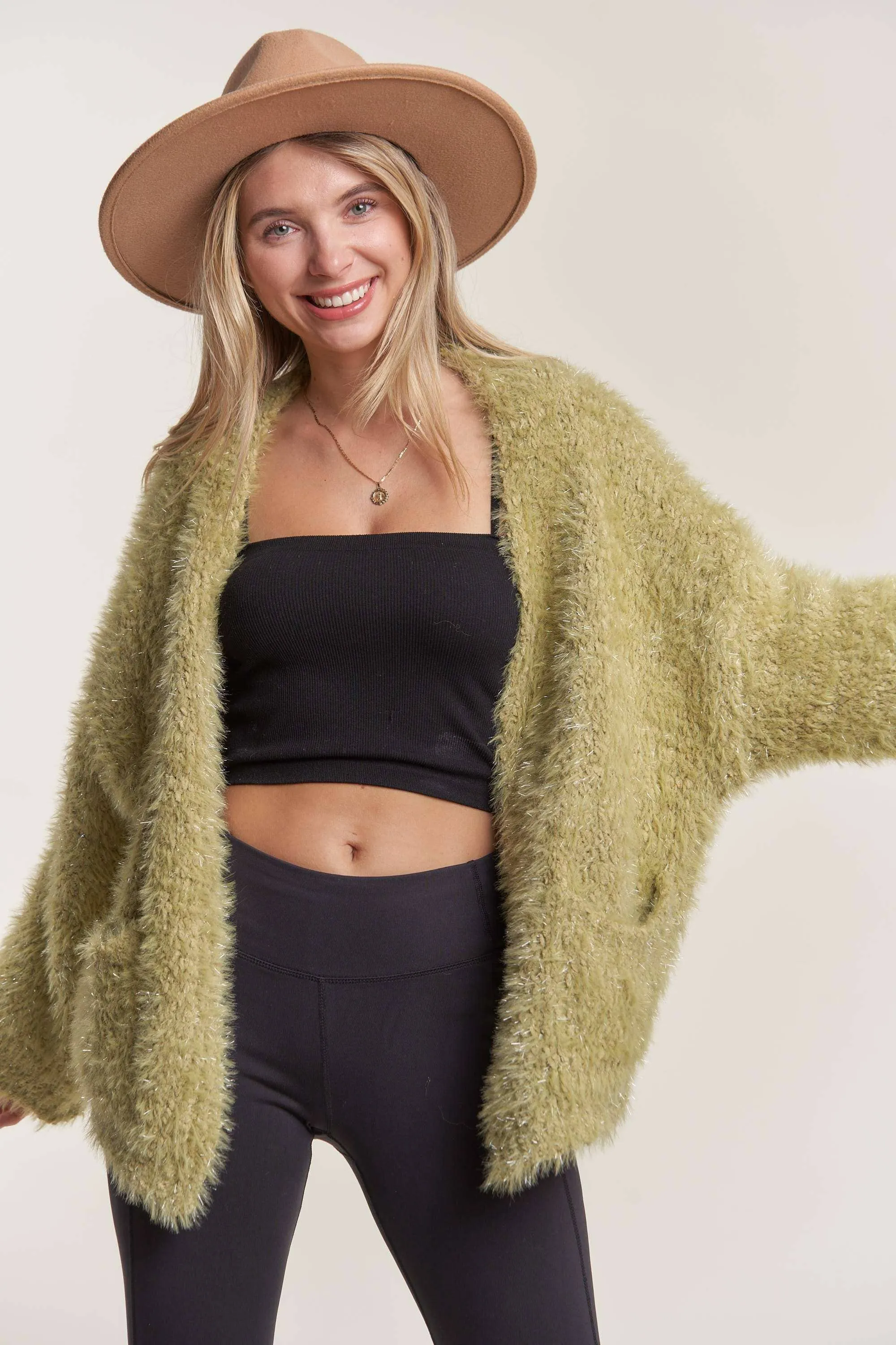 OPEN FRONT FUZZY SWEATER CARDIGAN