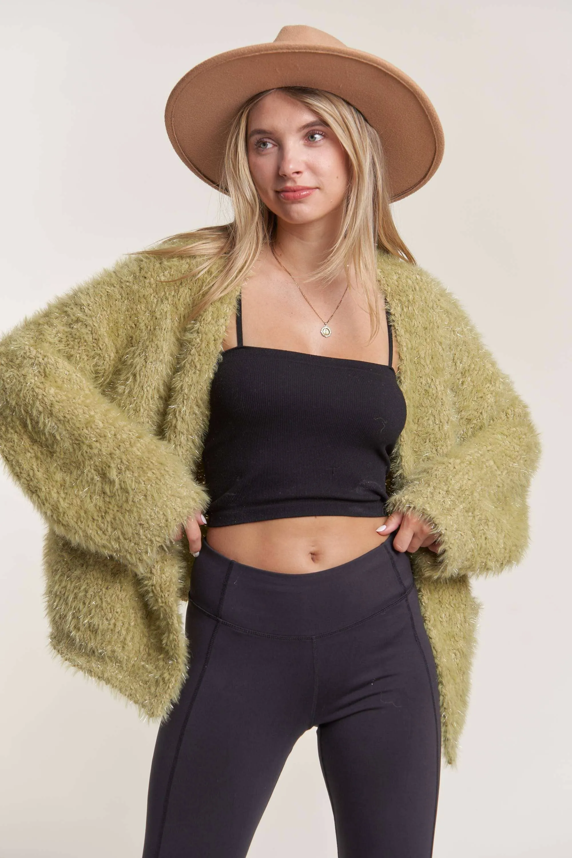 OPEN FRONT FUZZY SWEATER CARDIGAN