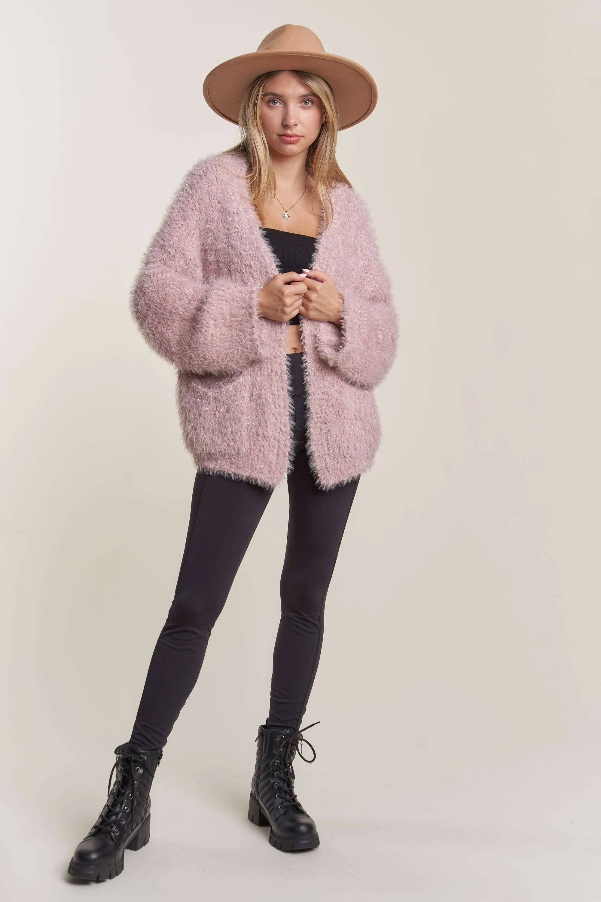 OPEN FRONT FUZZY SWEATER CARDIGAN