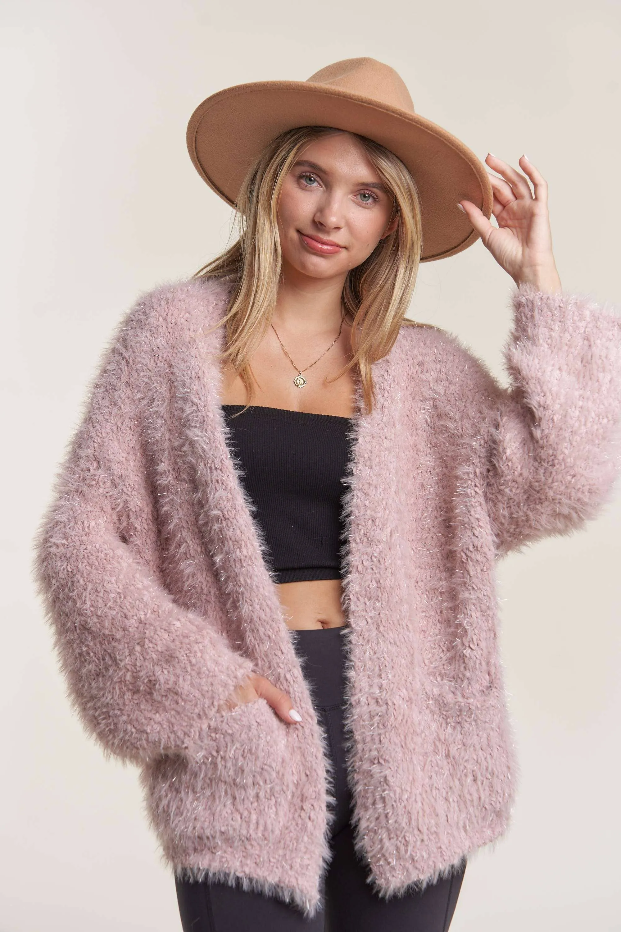 OPEN FRONT FUZZY SWEATER CARDIGAN