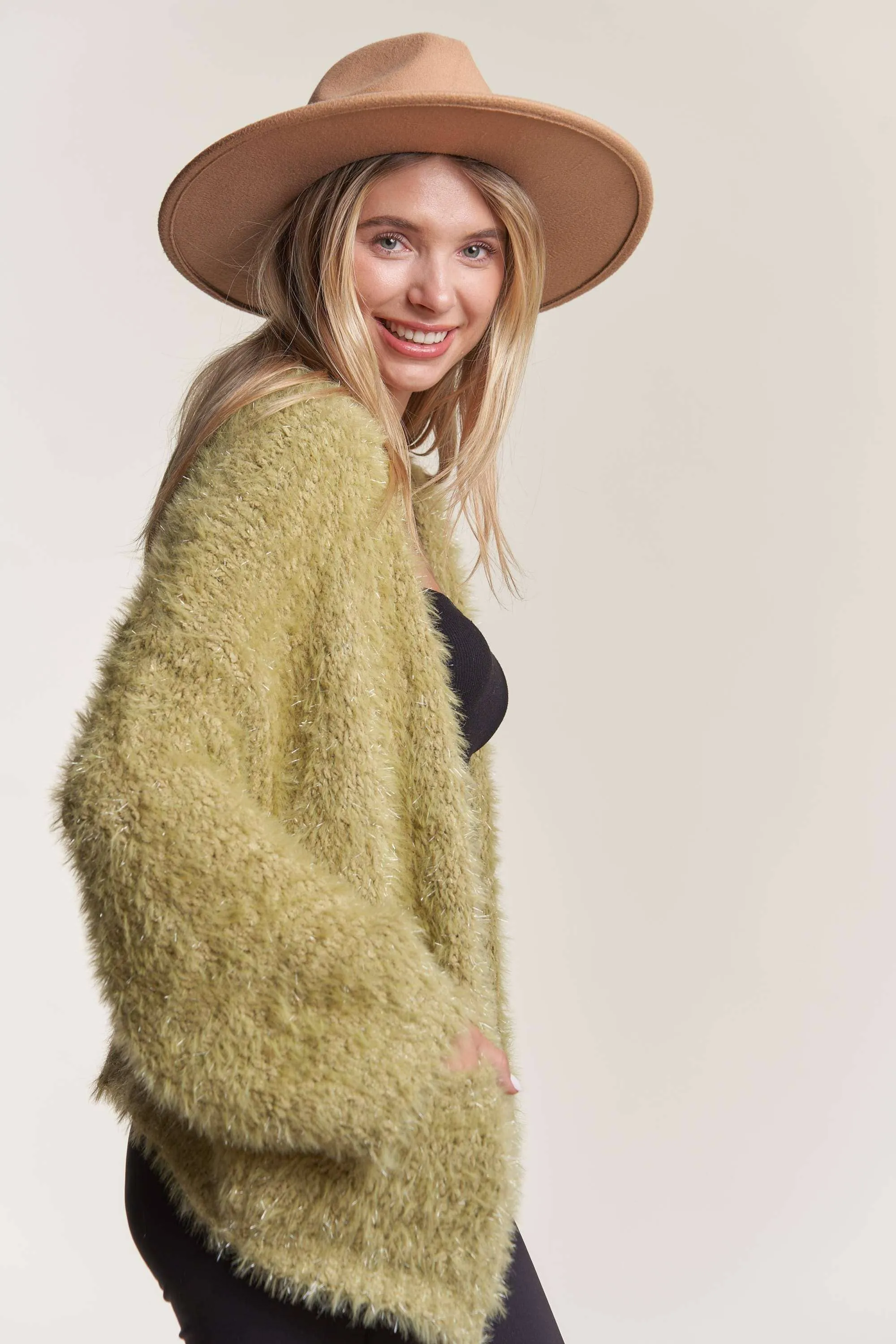 OPEN FRONT FUZZY SWEATER CARDIGAN