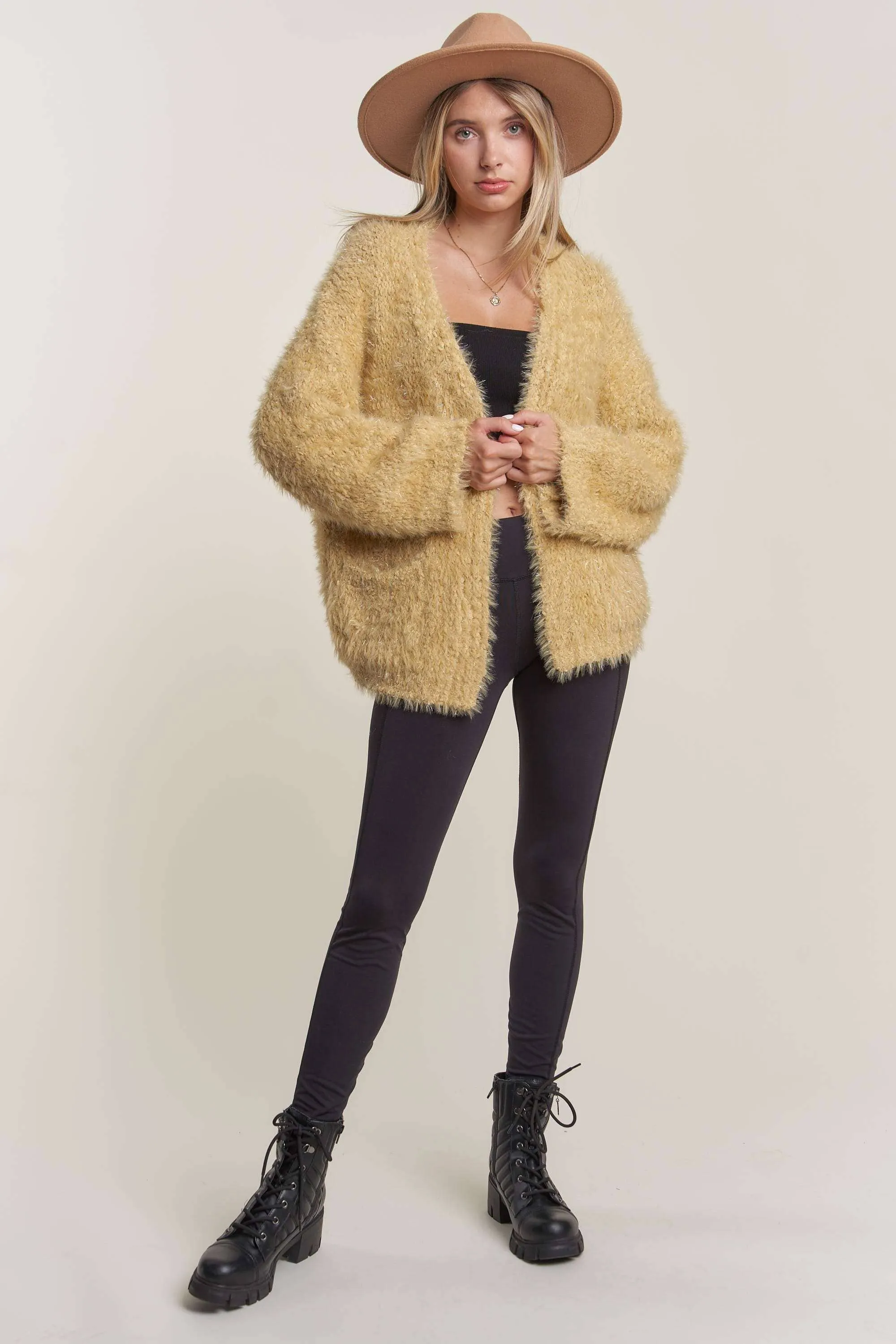 OPEN FRONT FUZZY SWEATER CARDIGAN