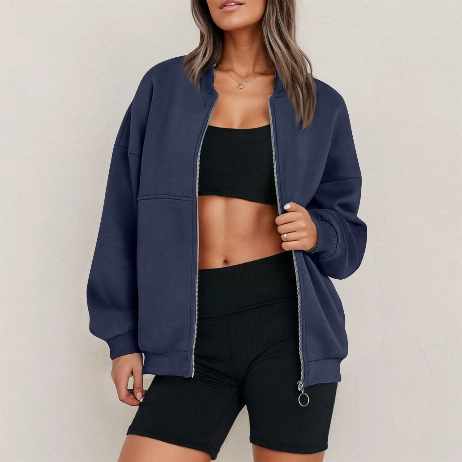 Oversized Zip Up Sweatshirt Women Fleece Bomber Zip Up Jacket Casual Teen Girls Athletic Sweat Jackets with Pockets