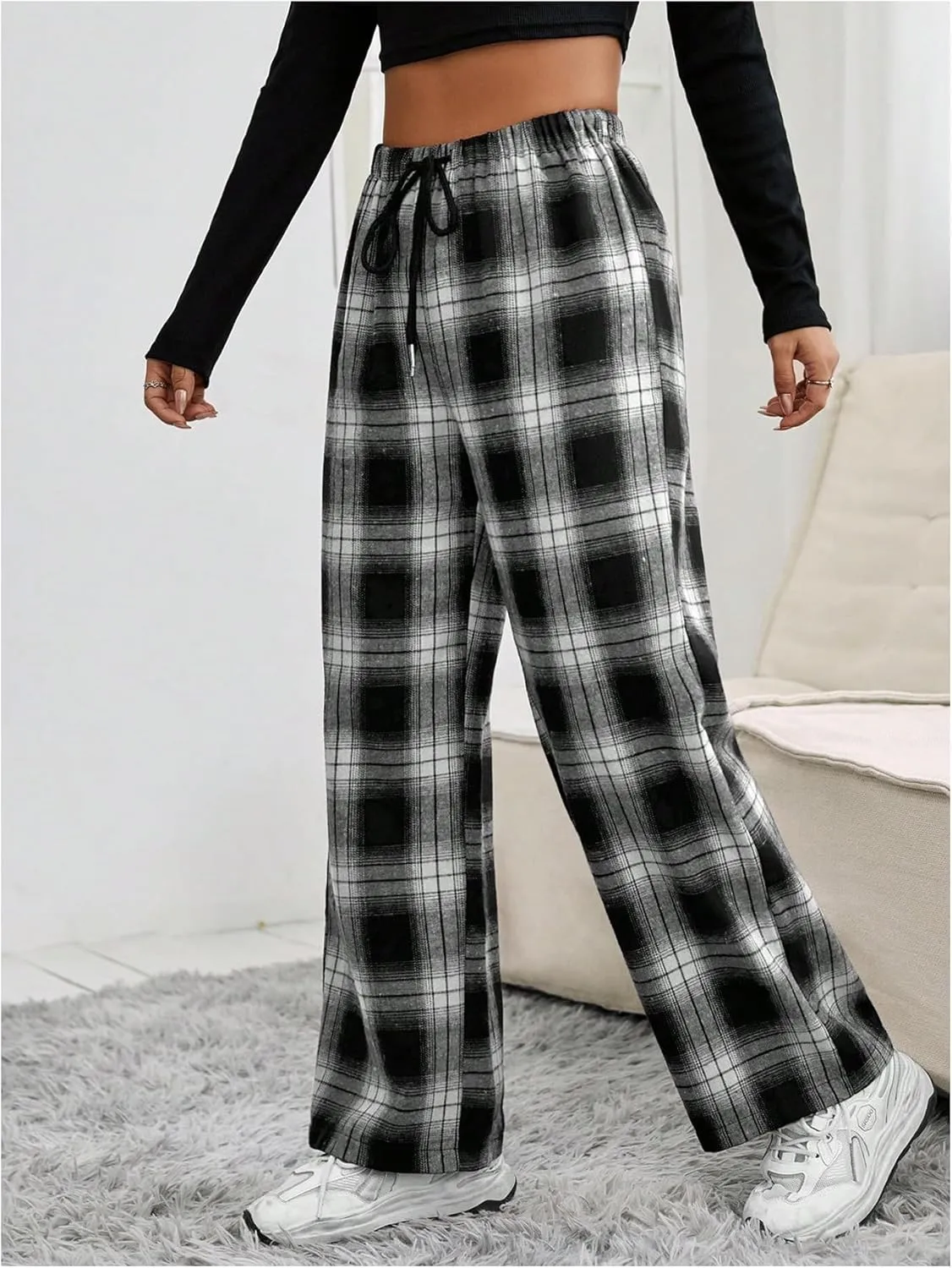 OYOANGLE Women's Plaid Drawstring High Waist Pants Comfy Baggy Trendy Wide Leg Casual Trousers