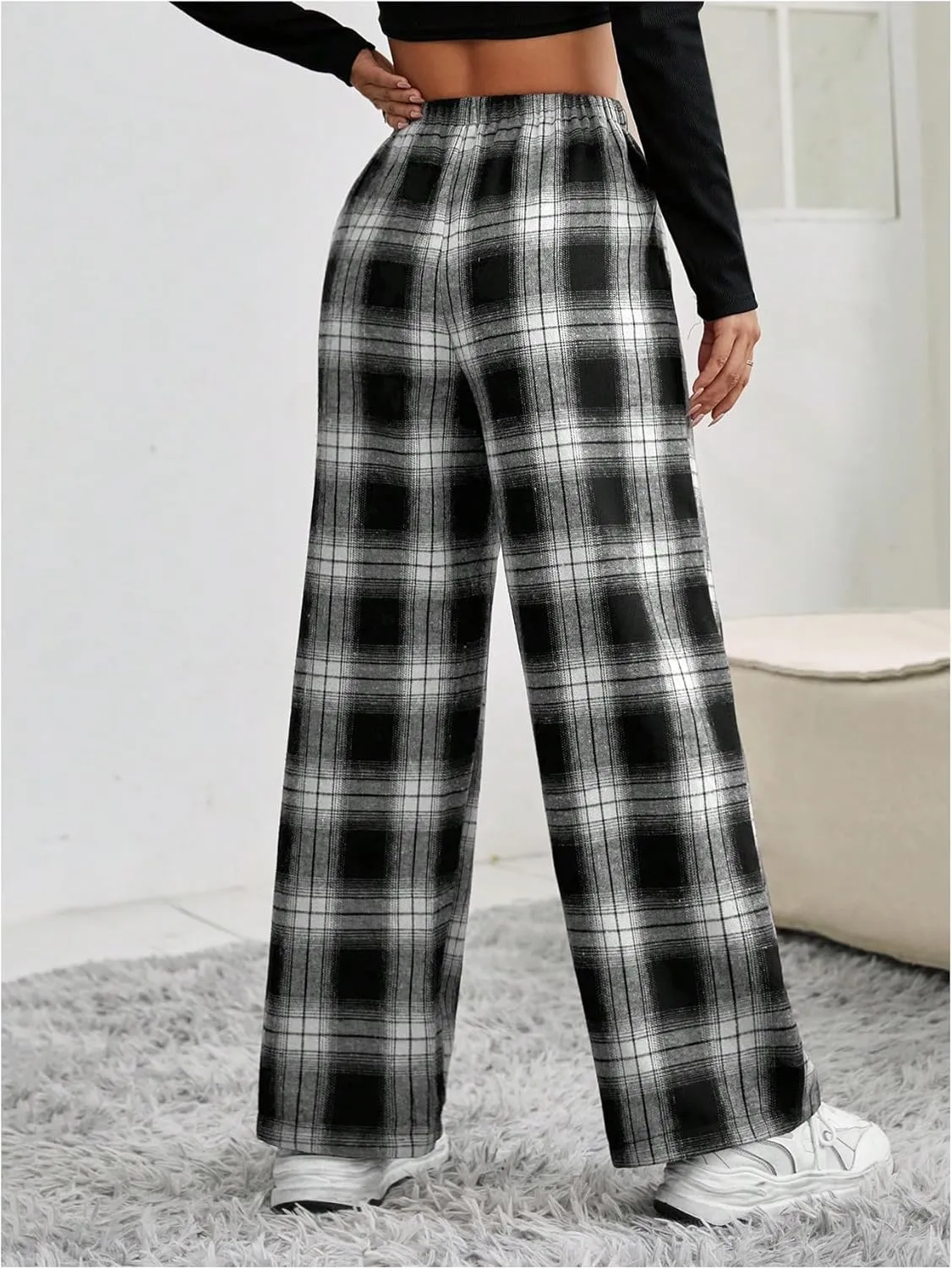OYOANGLE Women's Plaid Drawstring High Waist Pants Comfy Baggy Trendy Wide Leg Casual Trousers