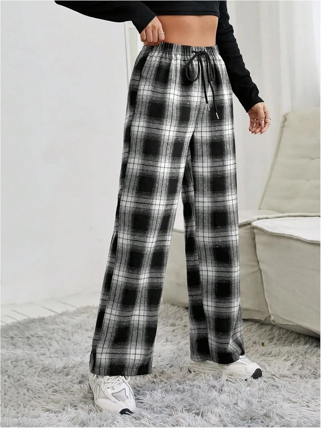 OYOANGLE Women's Plaid Drawstring High Waist Pants Comfy Baggy Trendy Wide Leg Casual Trousers
