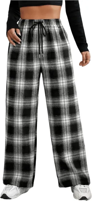OYOANGLE Women's Plaid Drawstring High Waist Pants Comfy Baggy Trendy Wide Leg Casual Trousers