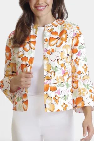 Peace Of Cloth Open Front Flounce 3/4 Sleeve and Waist Floral Print Crepe Jacket