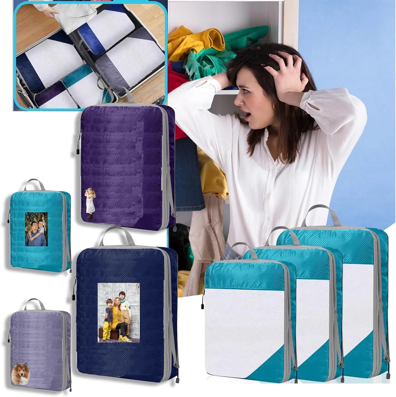 Personalized Compression Packing Cubes, Design Your Picture Names Extensible Storage Mesh Bags Organizers Compression Packing Cubes for Travel,Organizer Bags for Luggage,Travel Essentials
