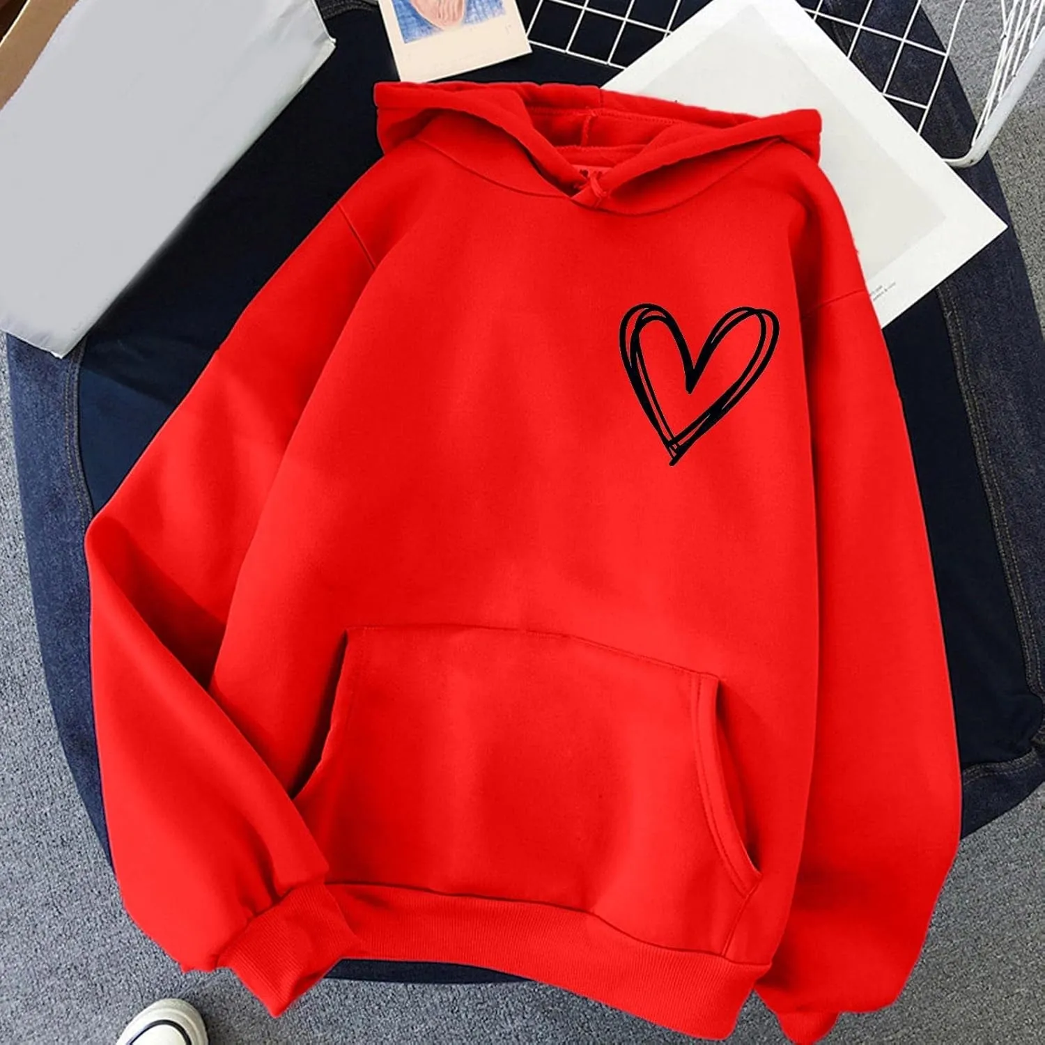 Pink Tops Hoodies for Women Heart Print Cute Preppy Sweatshirt Teen Girls Long Sleeve Pullover Hooded Tops