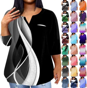 Plus Size Tops for Women Dressy Casual 3/4 Length Sleeve V Neck Shirts Comfy Gradient Loose Fit Fall Fashion Clothes