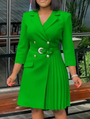 Premium Fashion Pleated Long Sleeve Green Blazer Dress