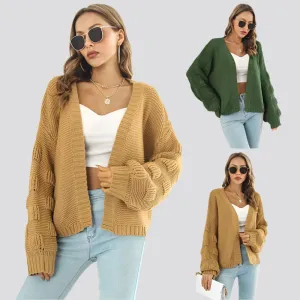 Puff Sleeve Cardigan Sweater Women Clothes Front Chunky Knitwear Coat