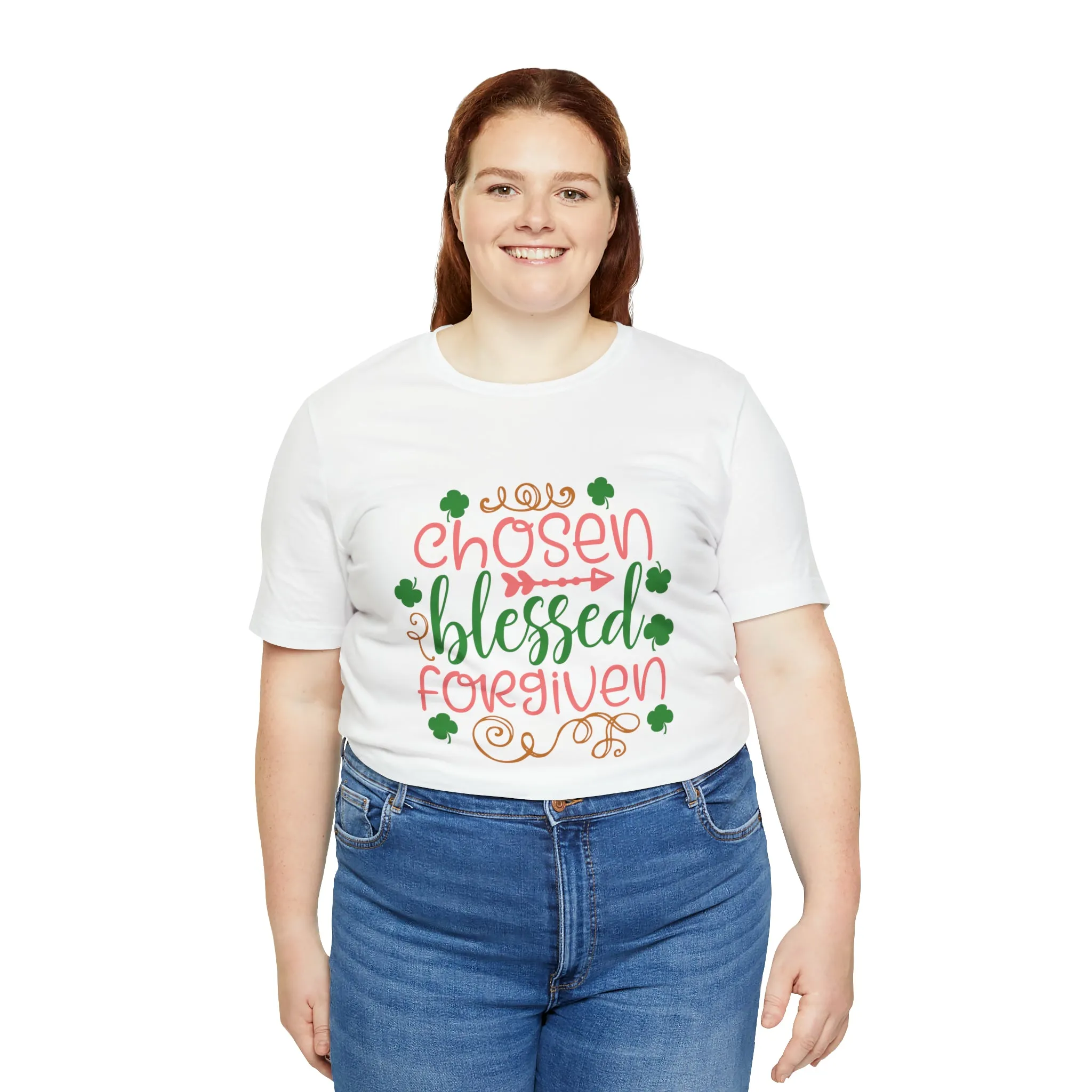 "Chosen, Blessed, Forgiven" in this classic Bella & Canvas Tee.