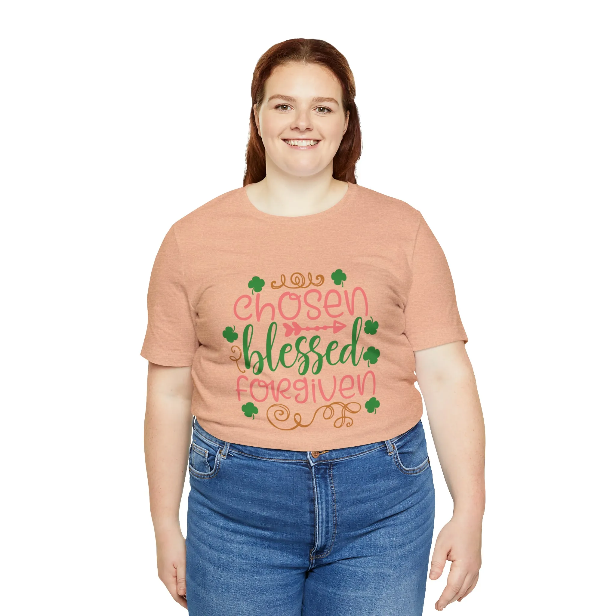 "Chosen, Blessed, Forgiven" in this classic Bella & Canvas Tee.