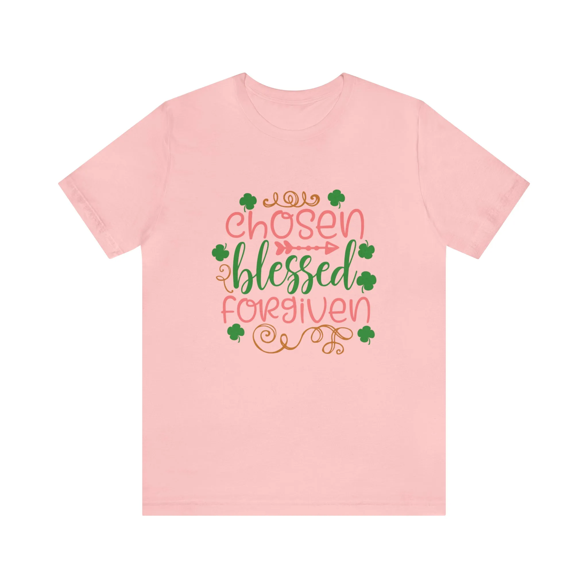 "Chosen, Blessed, Forgiven" in this classic Bella & Canvas Tee.