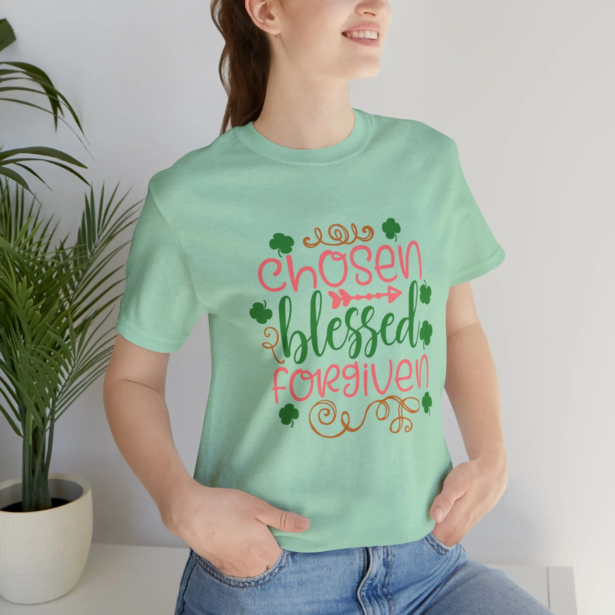 "Chosen, Blessed, Forgiven" in this classic Bella & Canvas Tee.