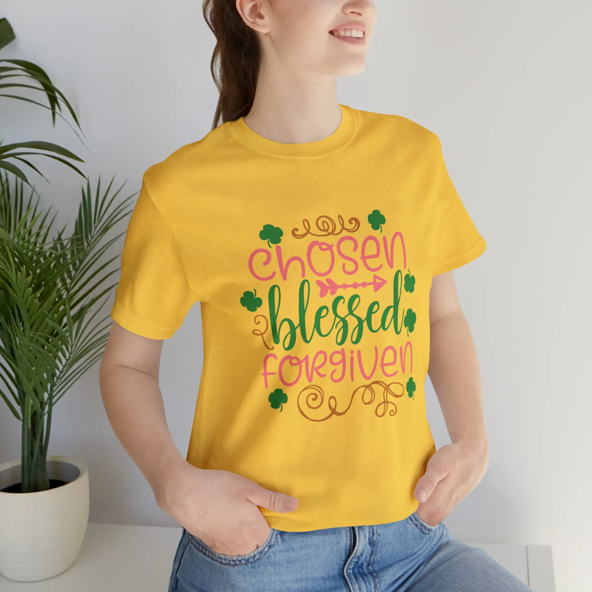 "Chosen, Blessed, Forgiven" in this classic Bella & Canvas Tee.
