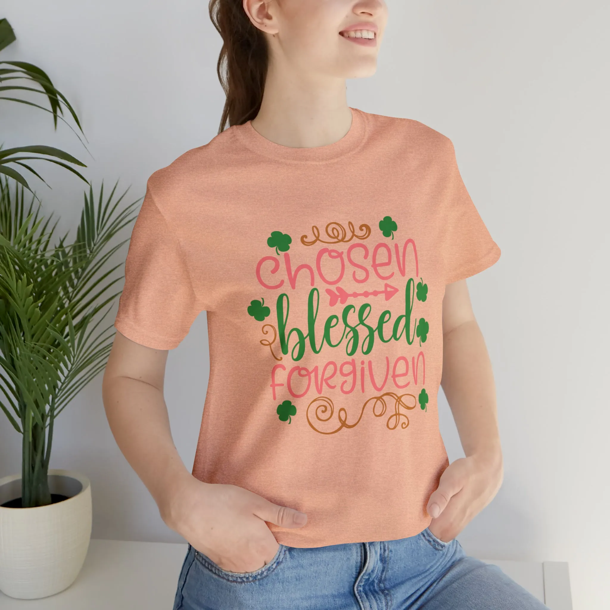 "Chosen, Blessed, Forgiven" in this classic Bella & Canvas Tee.