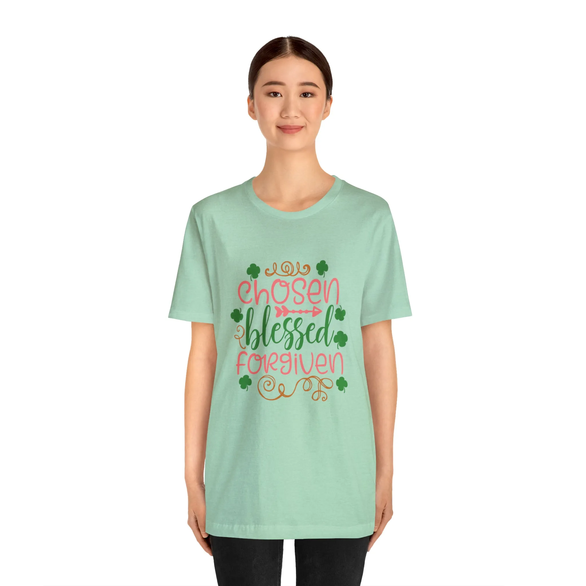 "Chosen, Blessed, Forgiven" in this classic Bella & Canvas Tee.