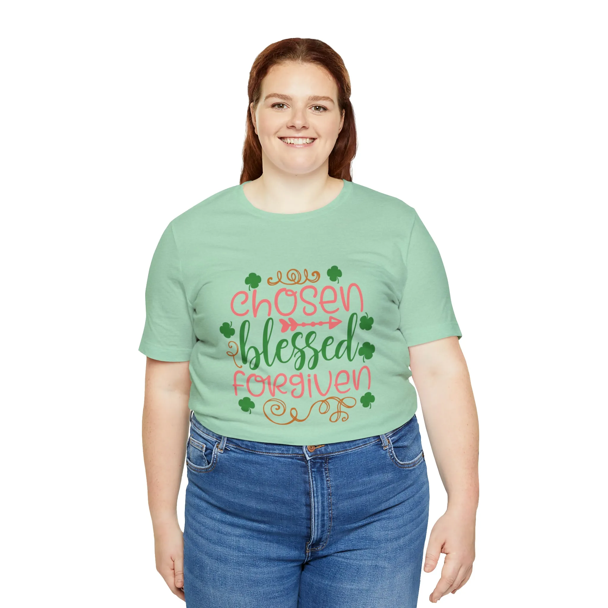 "Chosen, Blessed, Forgiven" in this classic Bella & Canvas Tee.