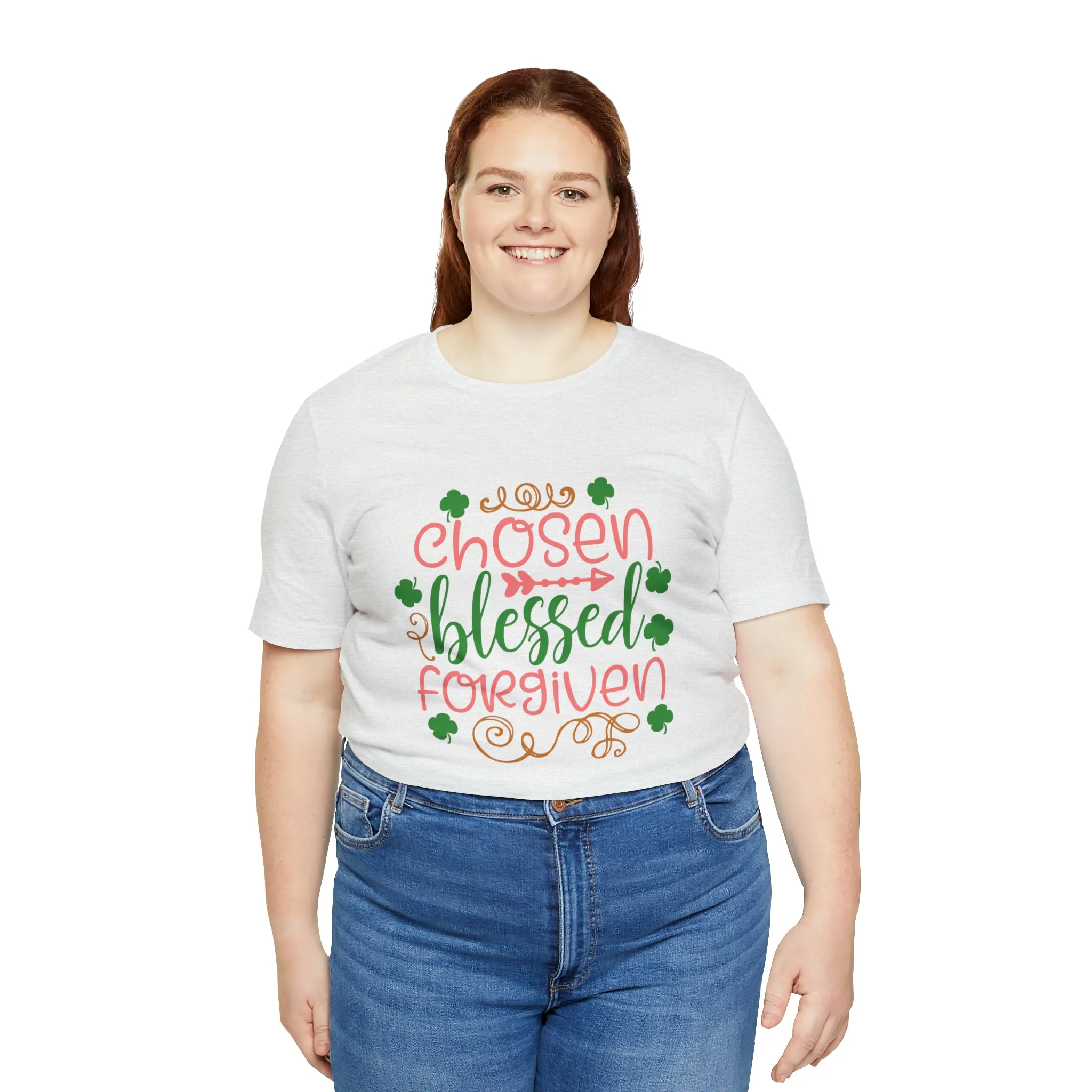 "Chosen, Blessed, Forgiven" in this classic Bella & Canvas Tee.