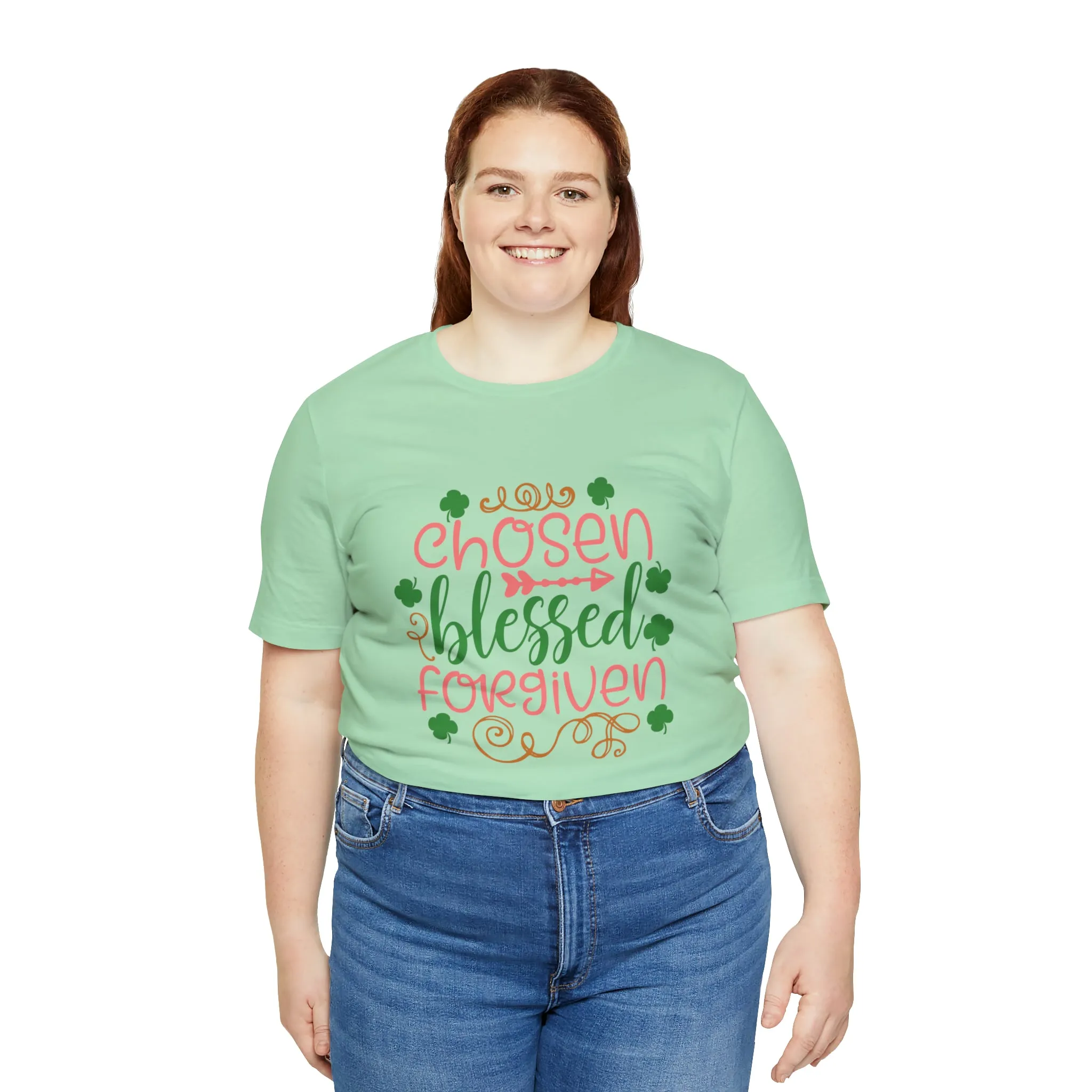 "Chosen, Blessed, Forgiven" in this classic Bella & Canvas Tee.