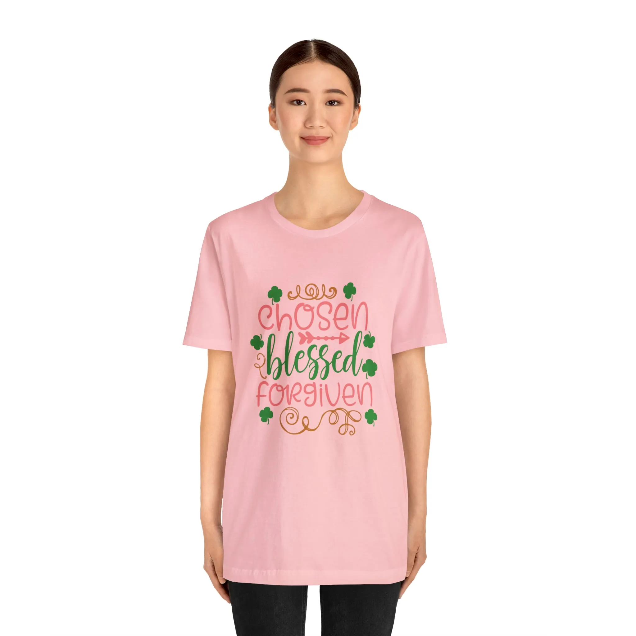 "Chosen, Blessed, Forgiven" in this classic Bella & Canvas Tee.