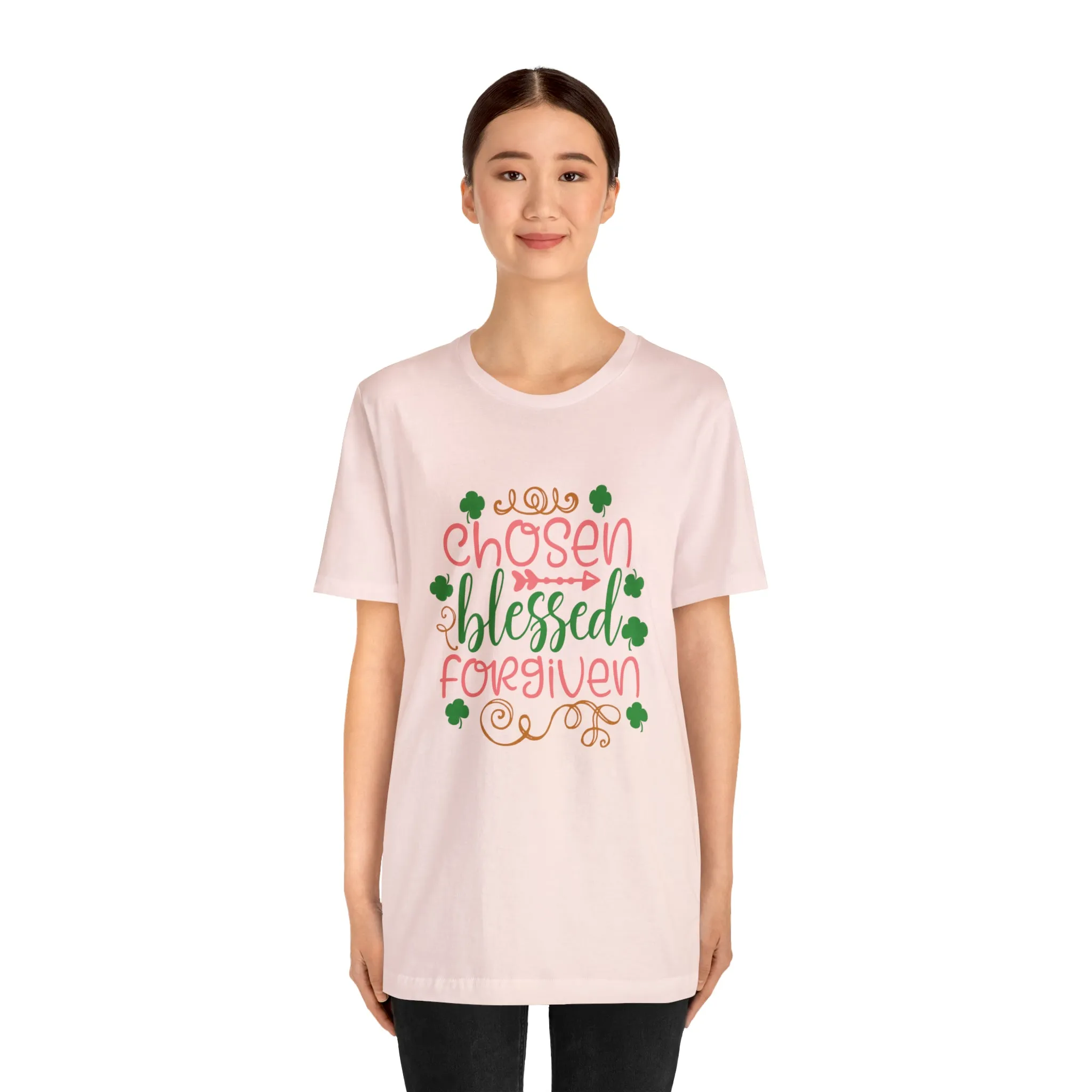 "Chosen, Blessed, Forgiven" in this classic Bella & Canvas Tee.