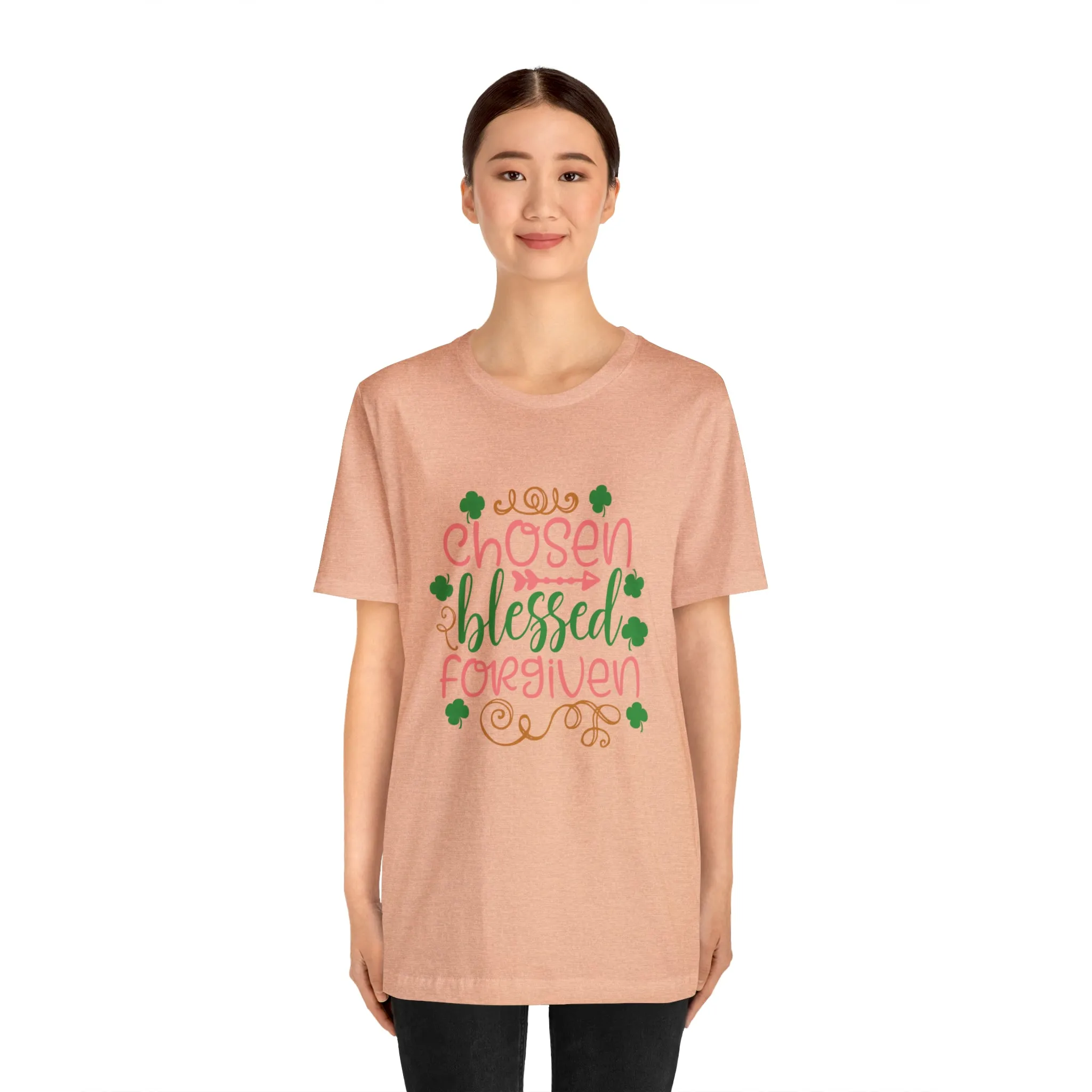 "Chosen, Blessed, Forgiven" in this classic Bella & Canvas Tee.