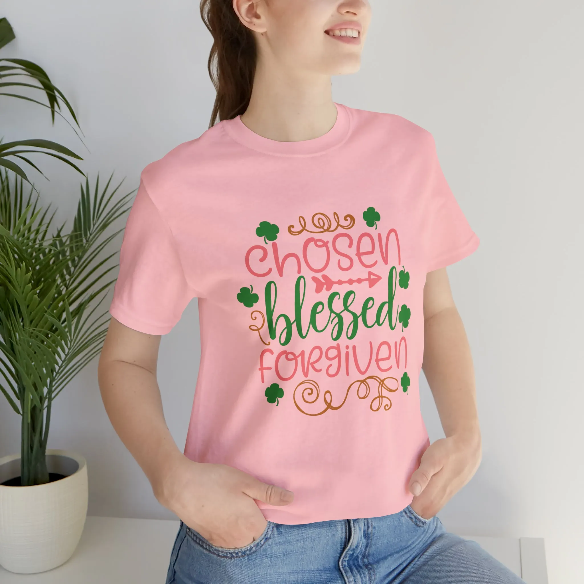"Chosen, Blessed, Forgiven" in this classic Bella & Canvas Tee.