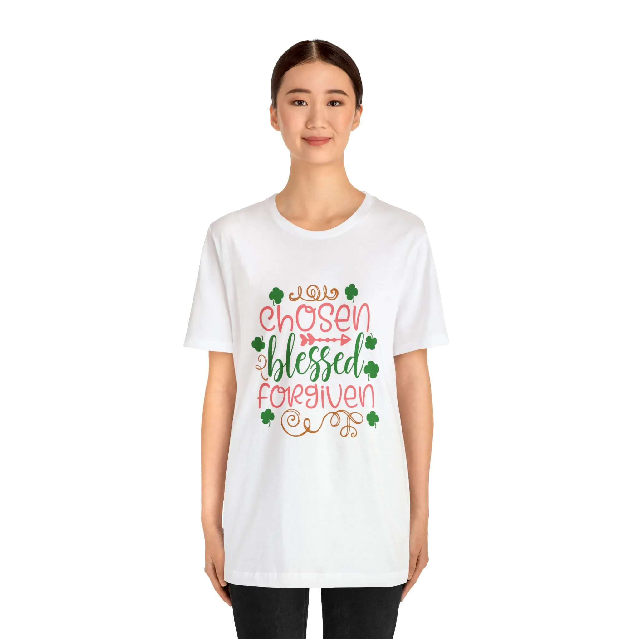 "Chosen, Blessed, Forgiven" in this classic Bella & Canvas Tee.