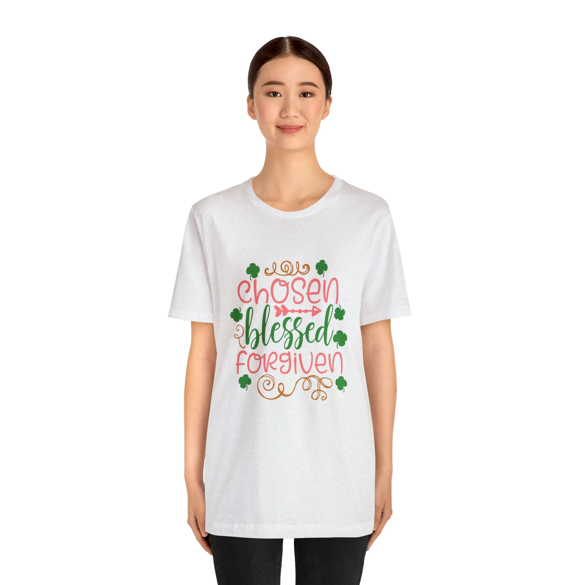"Chosen, Blessed, Forgiven" in this classic Bella & Canvas Tee.