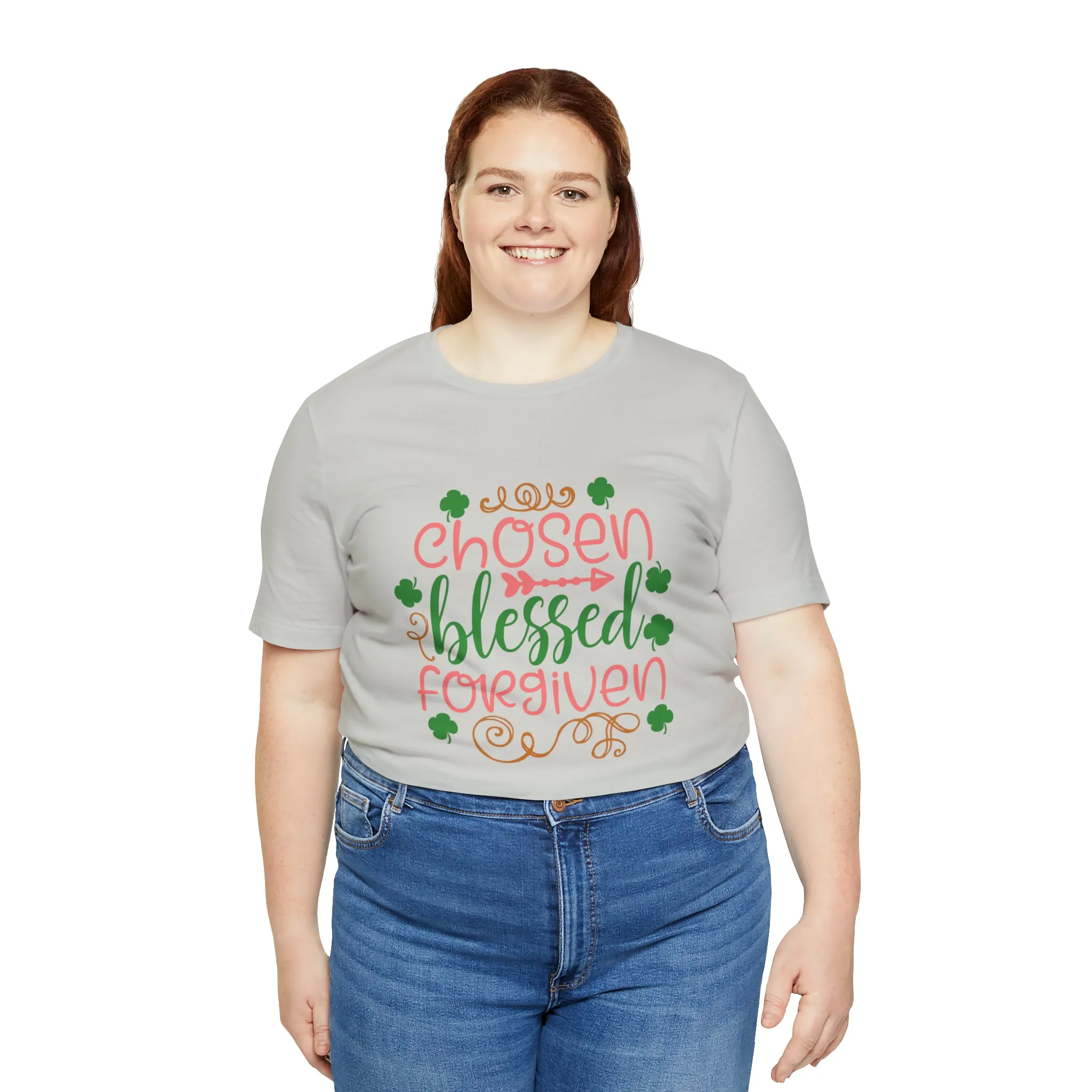 "Chosen, Blessed, Forgiven" in this classic Bella & Canvas Tee.