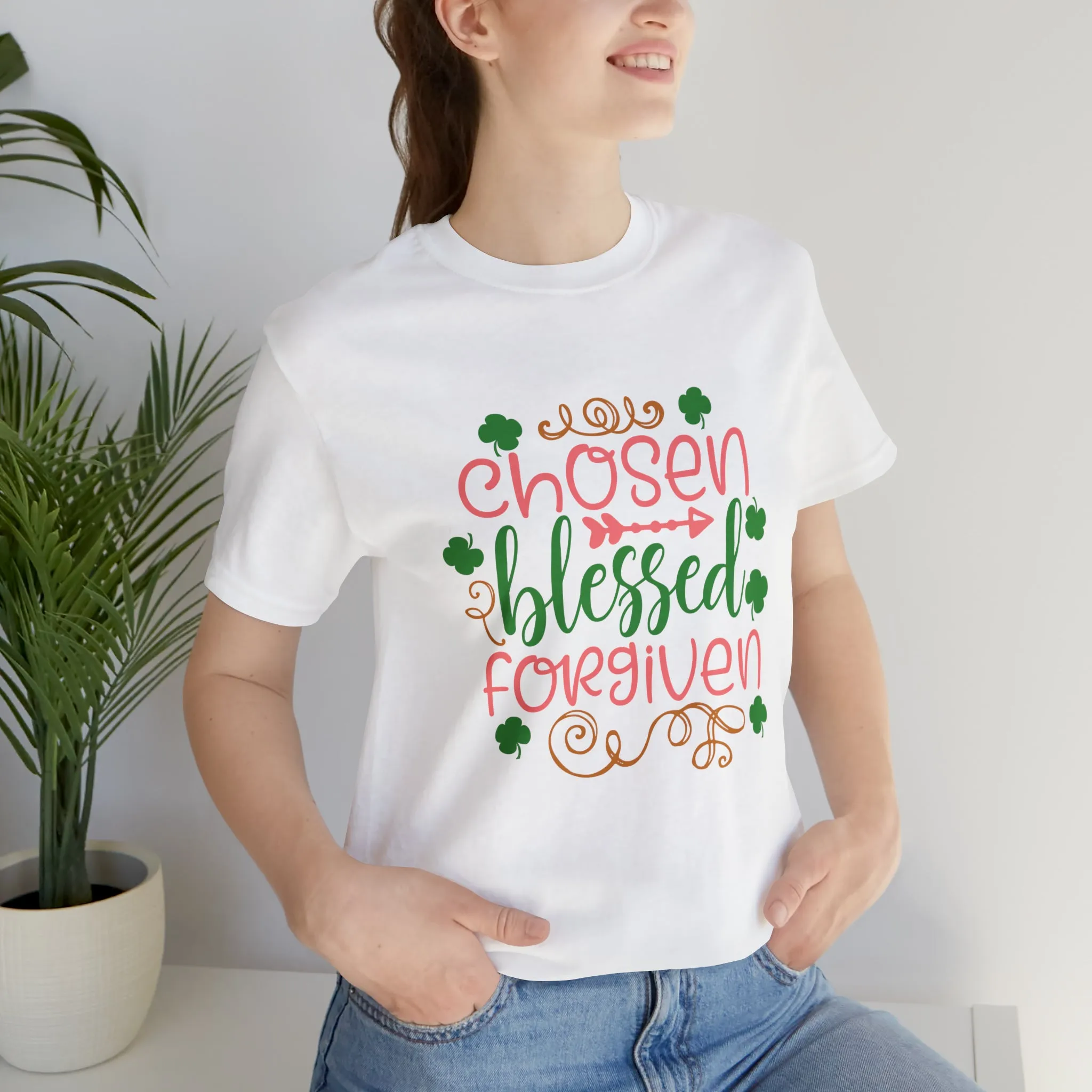 "Chosen, Blessed, Forgiven" in this classic Bella & Canvas Tee.