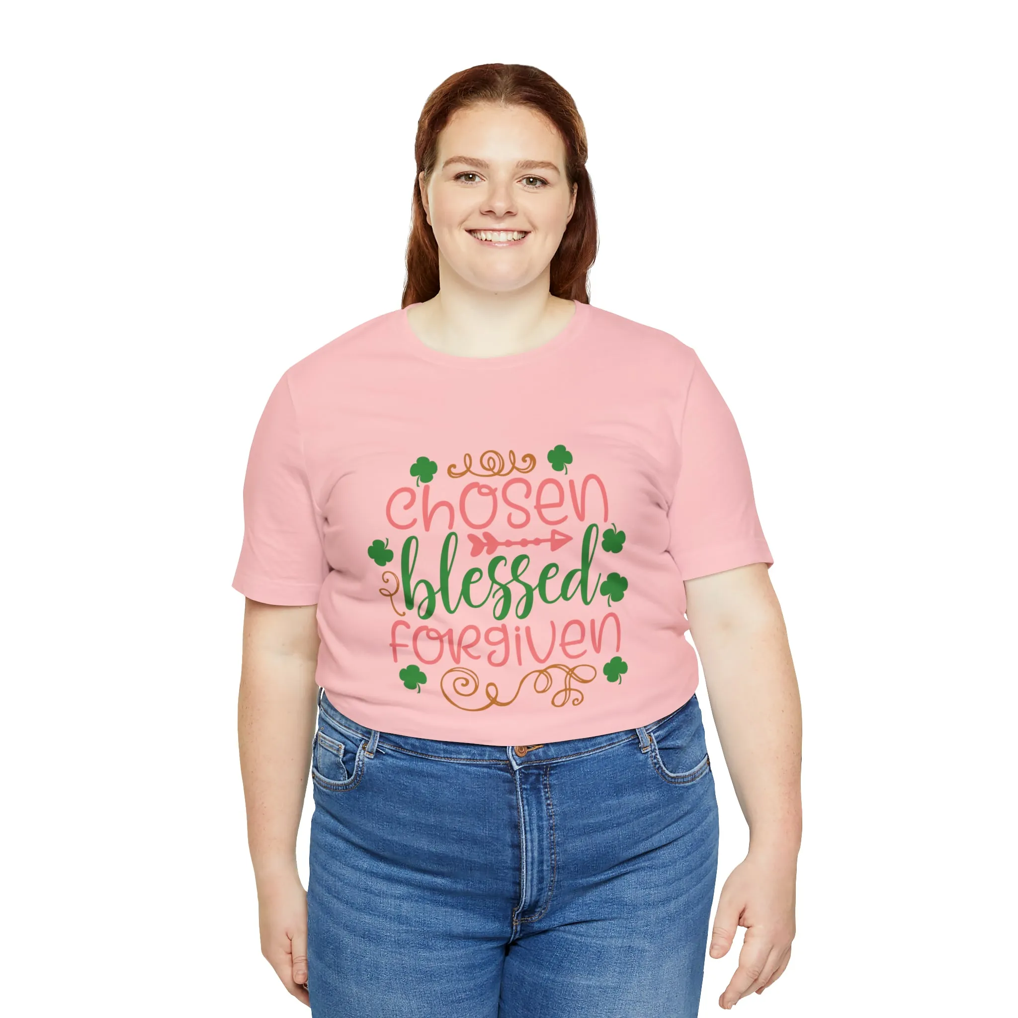 "Chosen, Blessed, Forgiven" in this classic Bella & Canvas Tee.