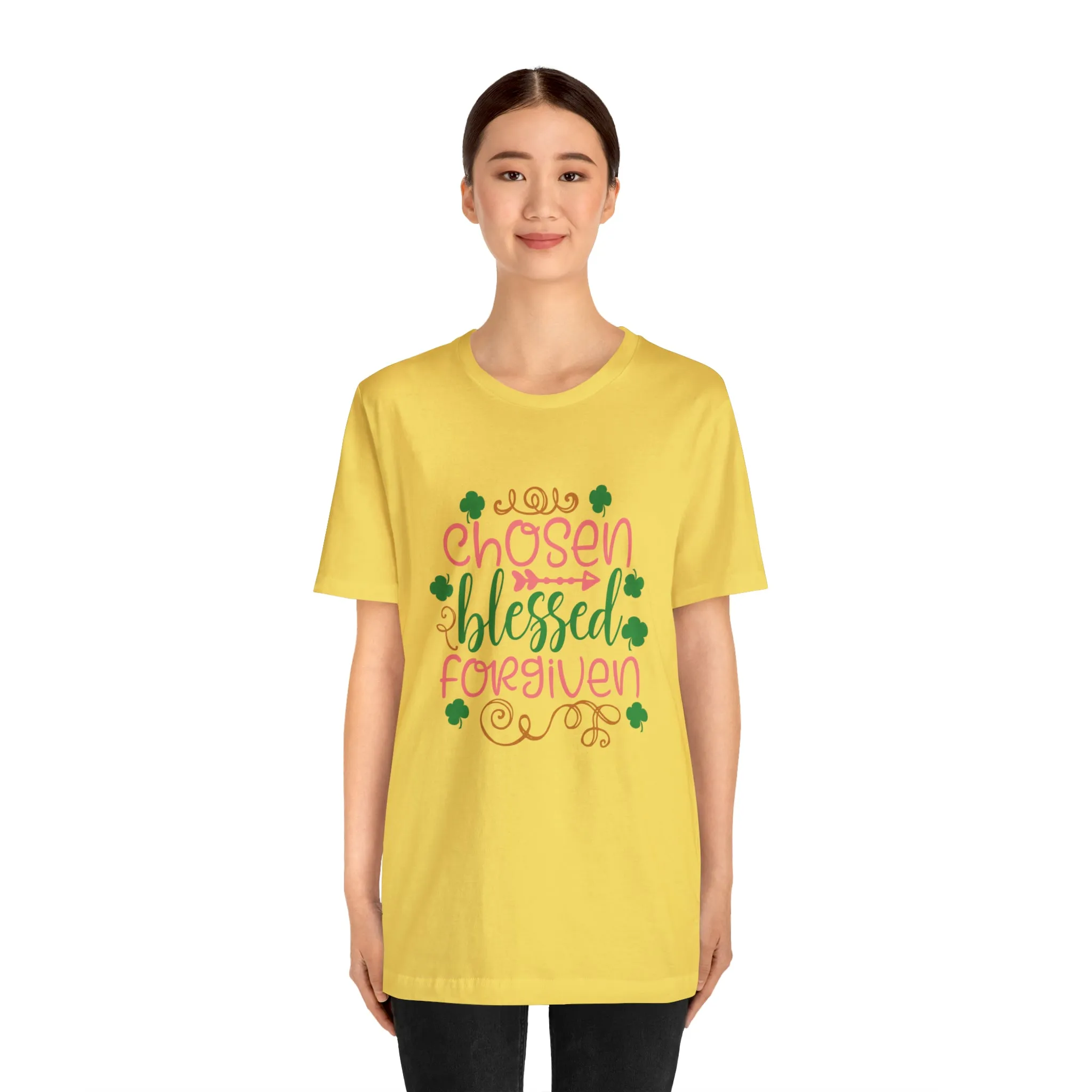 "Chosen, Blessed, Forgiven" in this classic Bella & Canvas Tee.