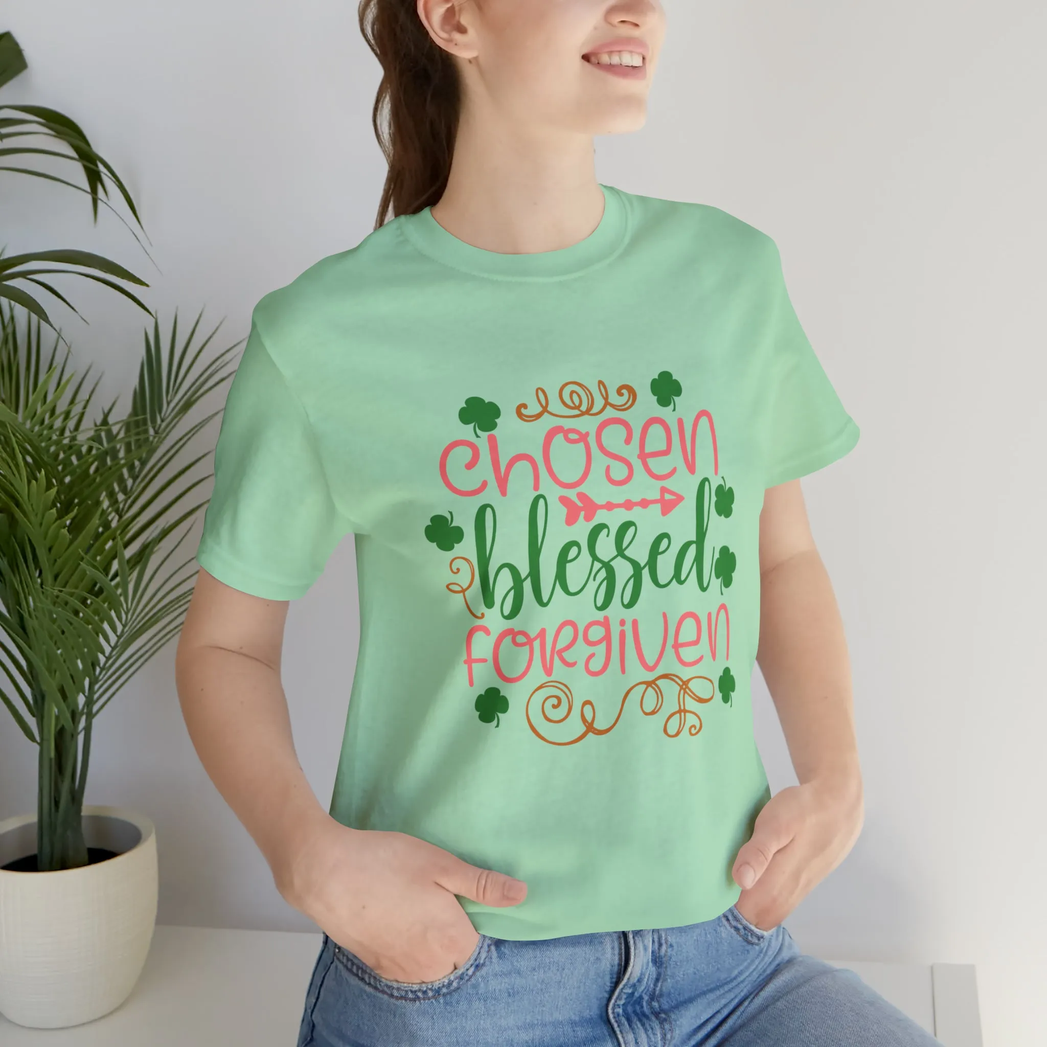 "Chosen, Blessed, Forgiven" in this classic Bella & Canvas Tee.