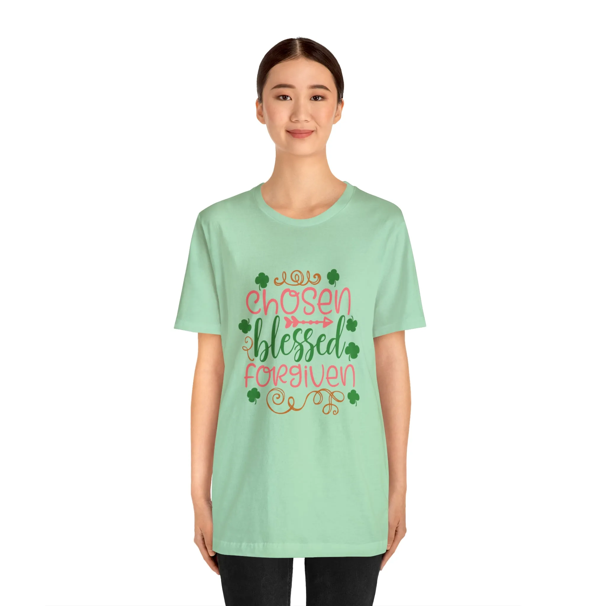 "Chosen, Blessed, Forgiven" in this classic Bella & Canvas Tee.