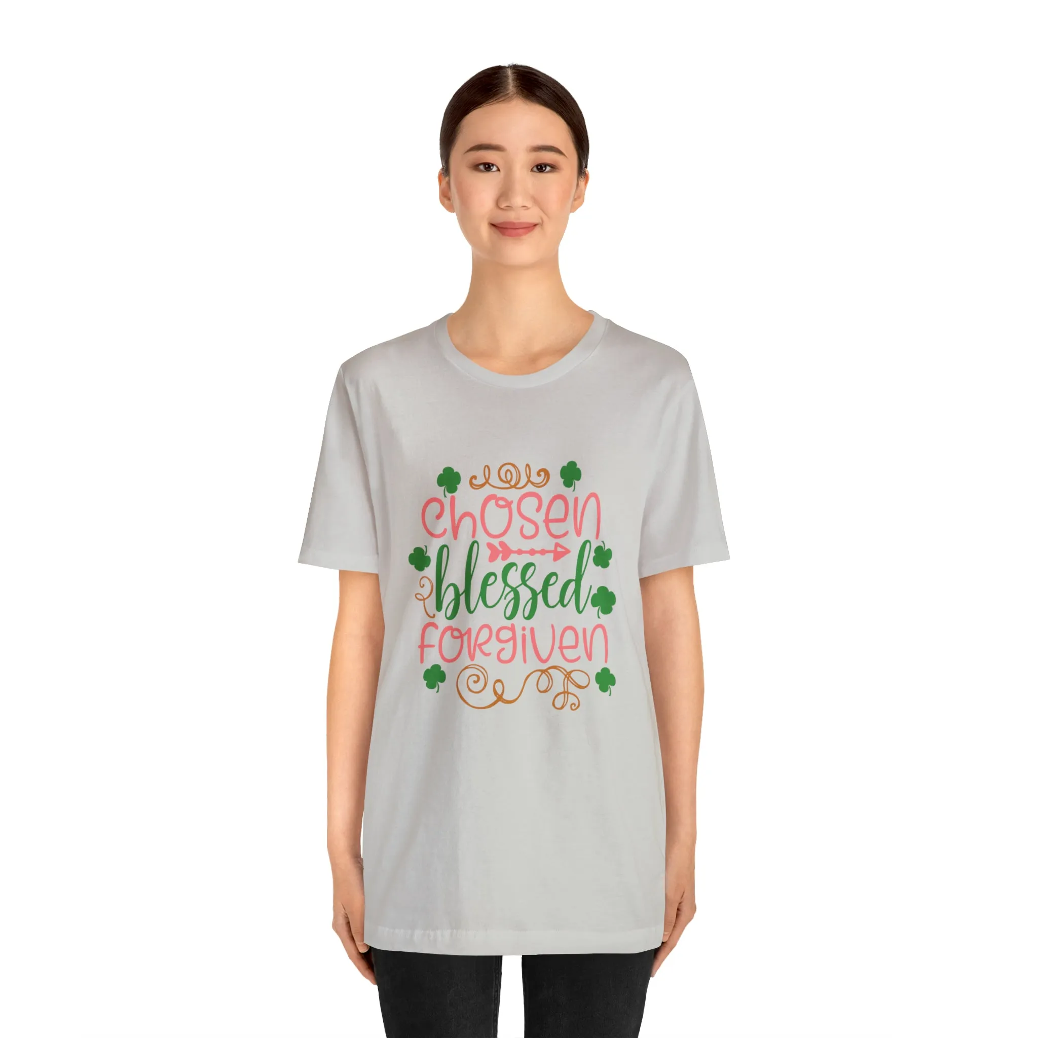 "Chosen, Blessed, Forgiven" in this classic Bella & Canvas Tee.