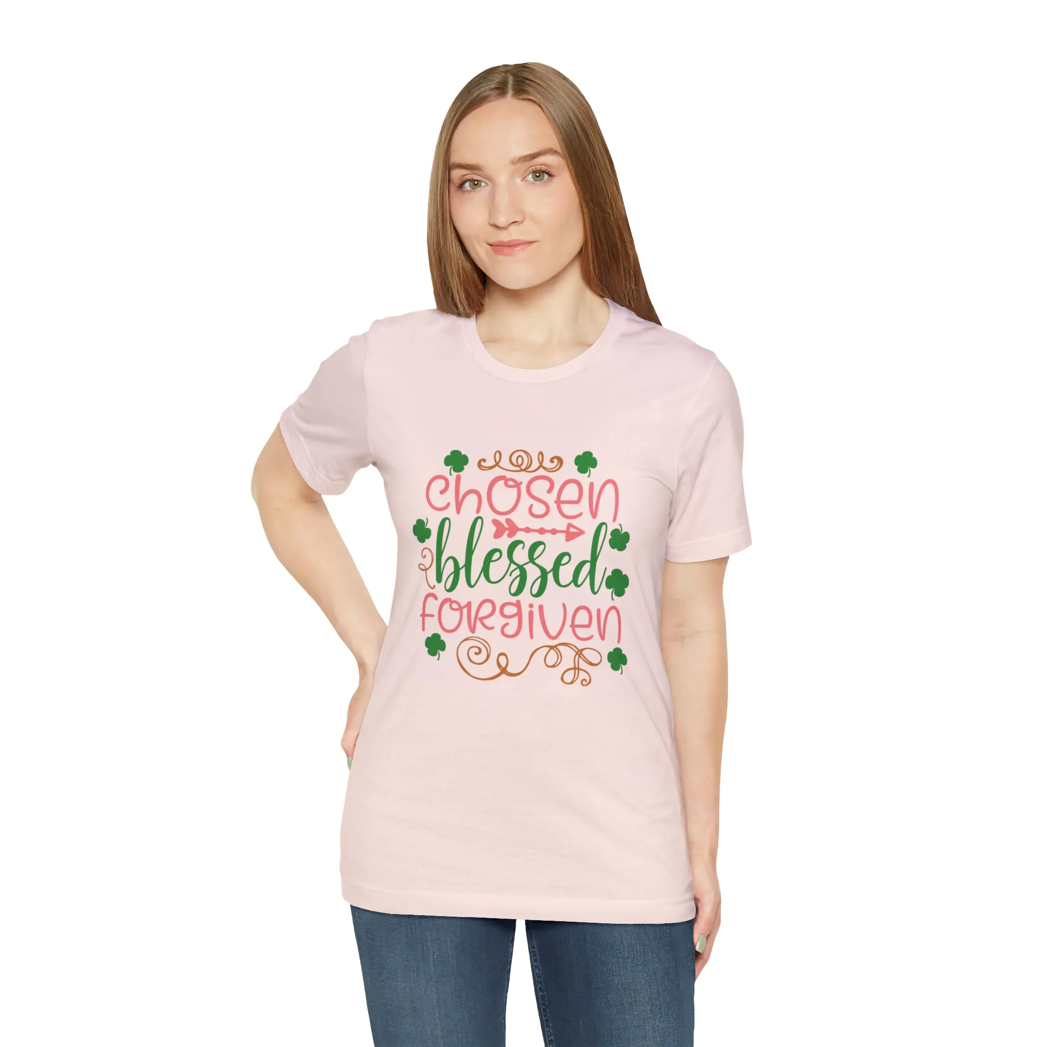 "Chosen, Blessed, Forgiven" in this classic Bella & Canvas Tee.
