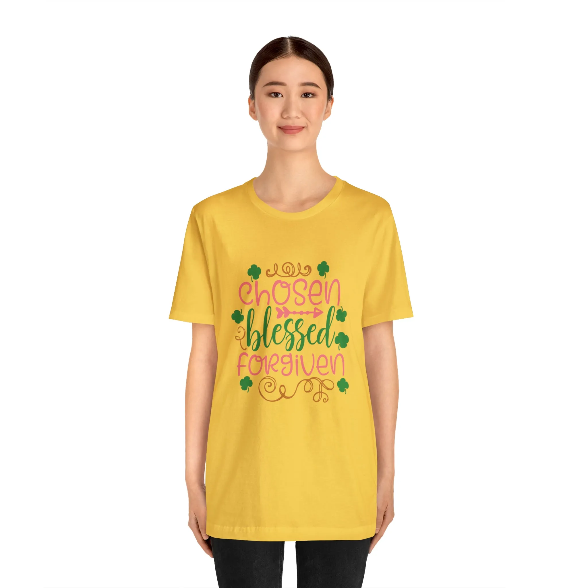 "Chosen, Blessed, Forgiven" in this classic Bella & Canvas Tee.